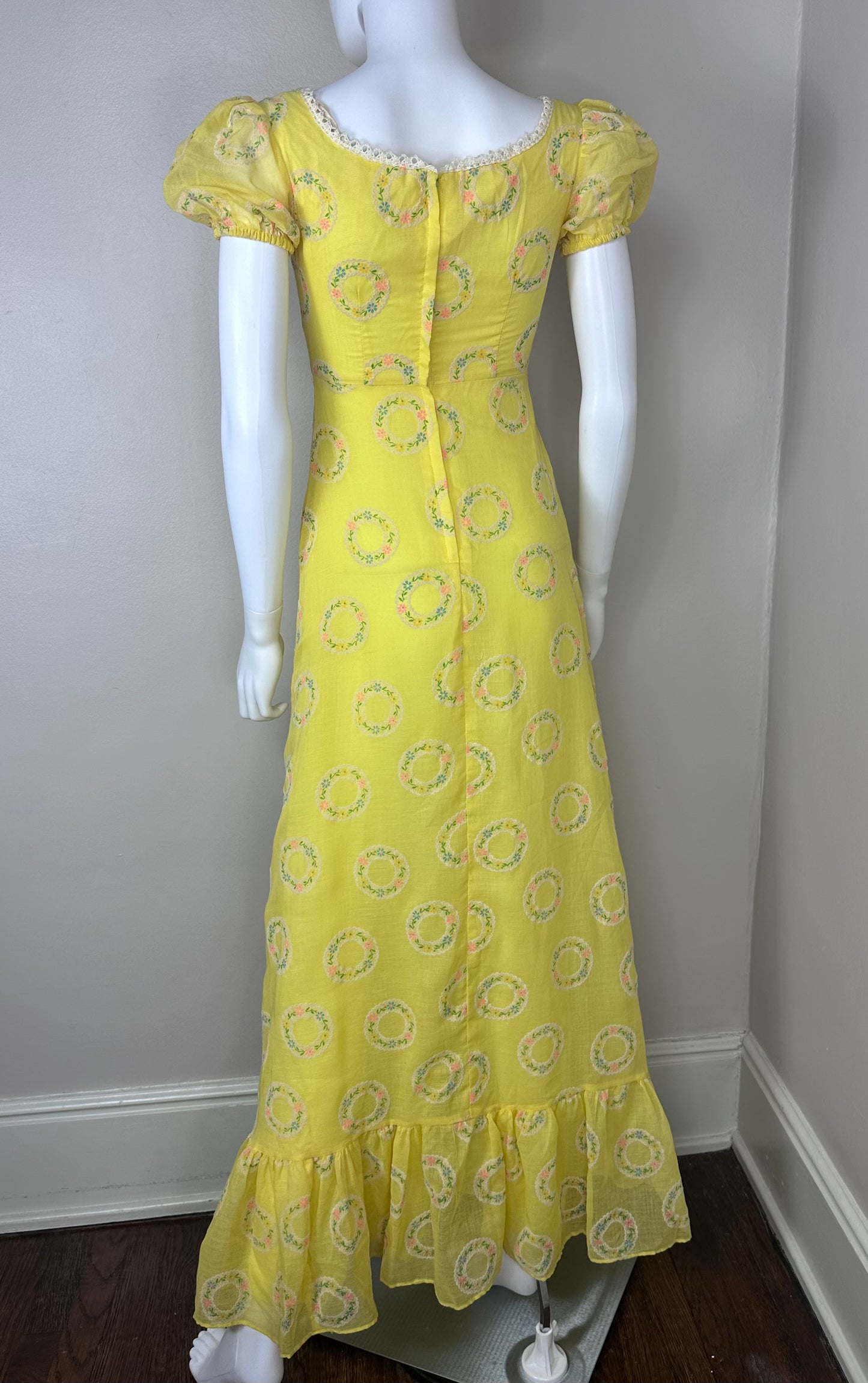 1970s Yellow Sheer Flocked Floral Maxi Dress, JCPenney Fashions, Prairie Dress