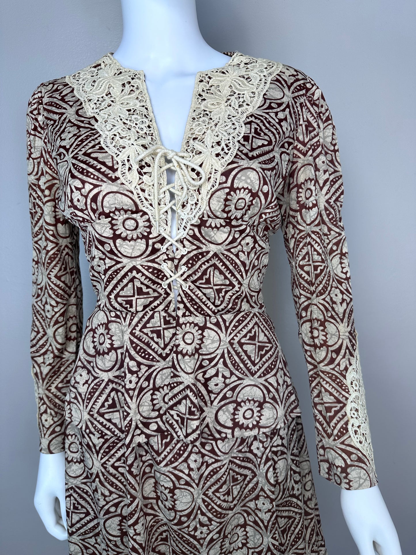 1970s Lace Up Peplum Blouse and Mini Skirt Set, Size Medium, Lace Applique, Tiki Print