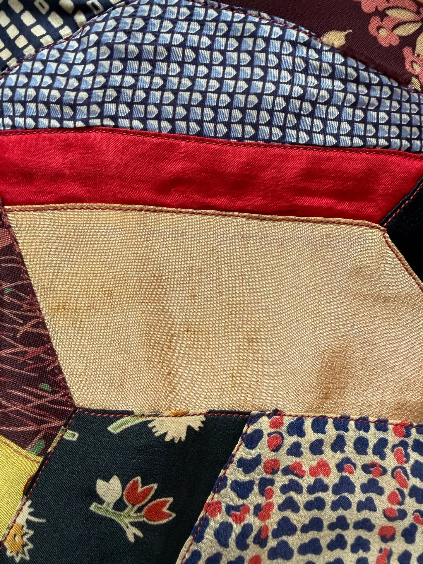 1920s/30s Patchwork Crazy Quilt Robe, Handmade Size XS-Small, Belt with Fringe Trim