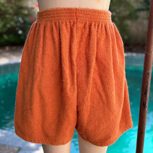 1970s Orange Terrycloth Shorts, Swim Cover-Up, Size L/XL