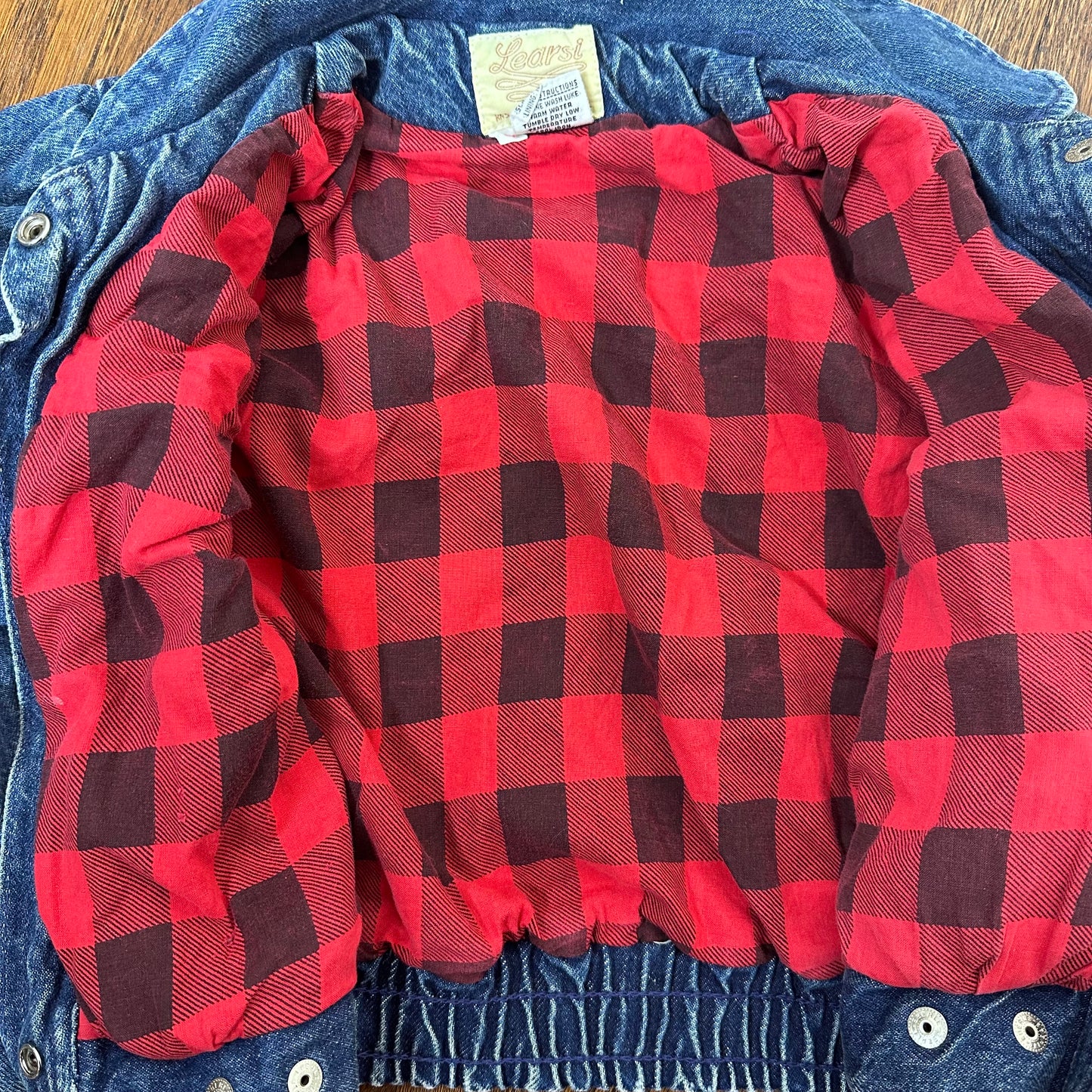 1980s Girl’s Denim Jacket with Buffalo Plaid Lining, Learsi Size 6X
