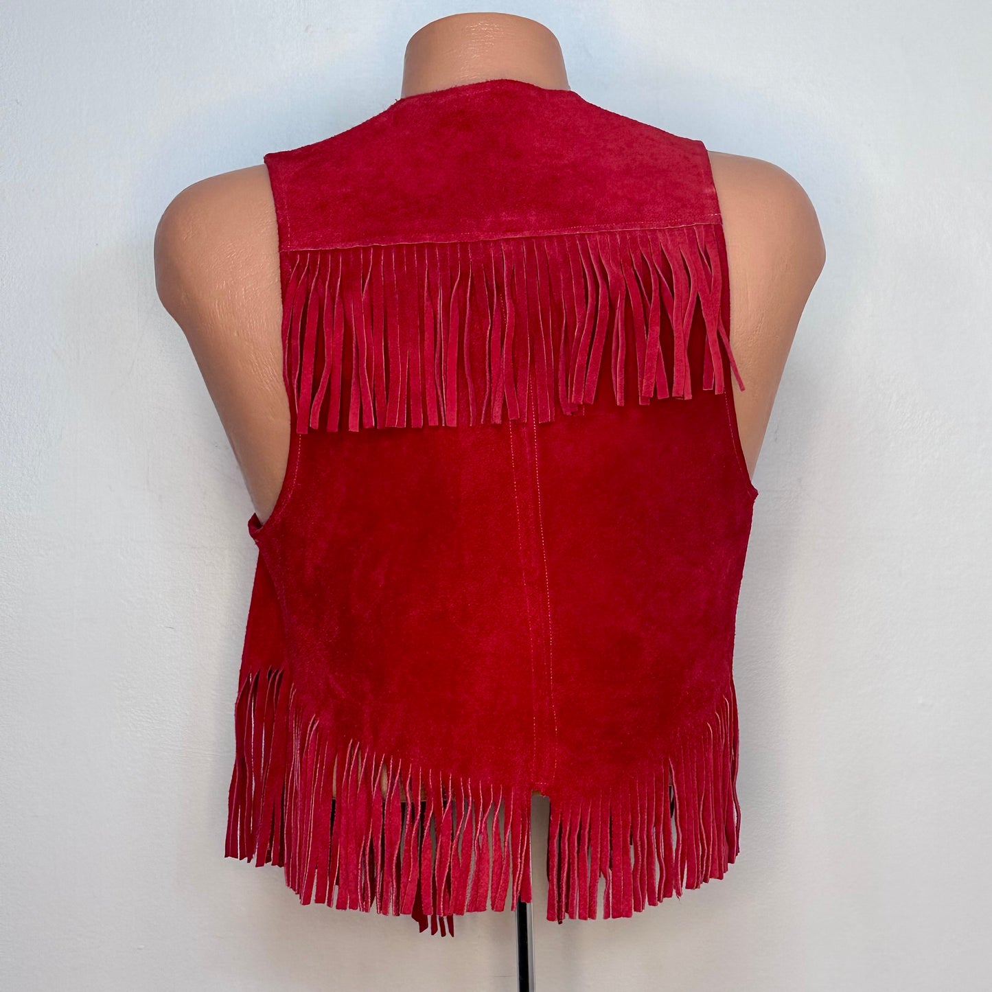 1970s Red Leather Fringe Vest, Size Small-Medium