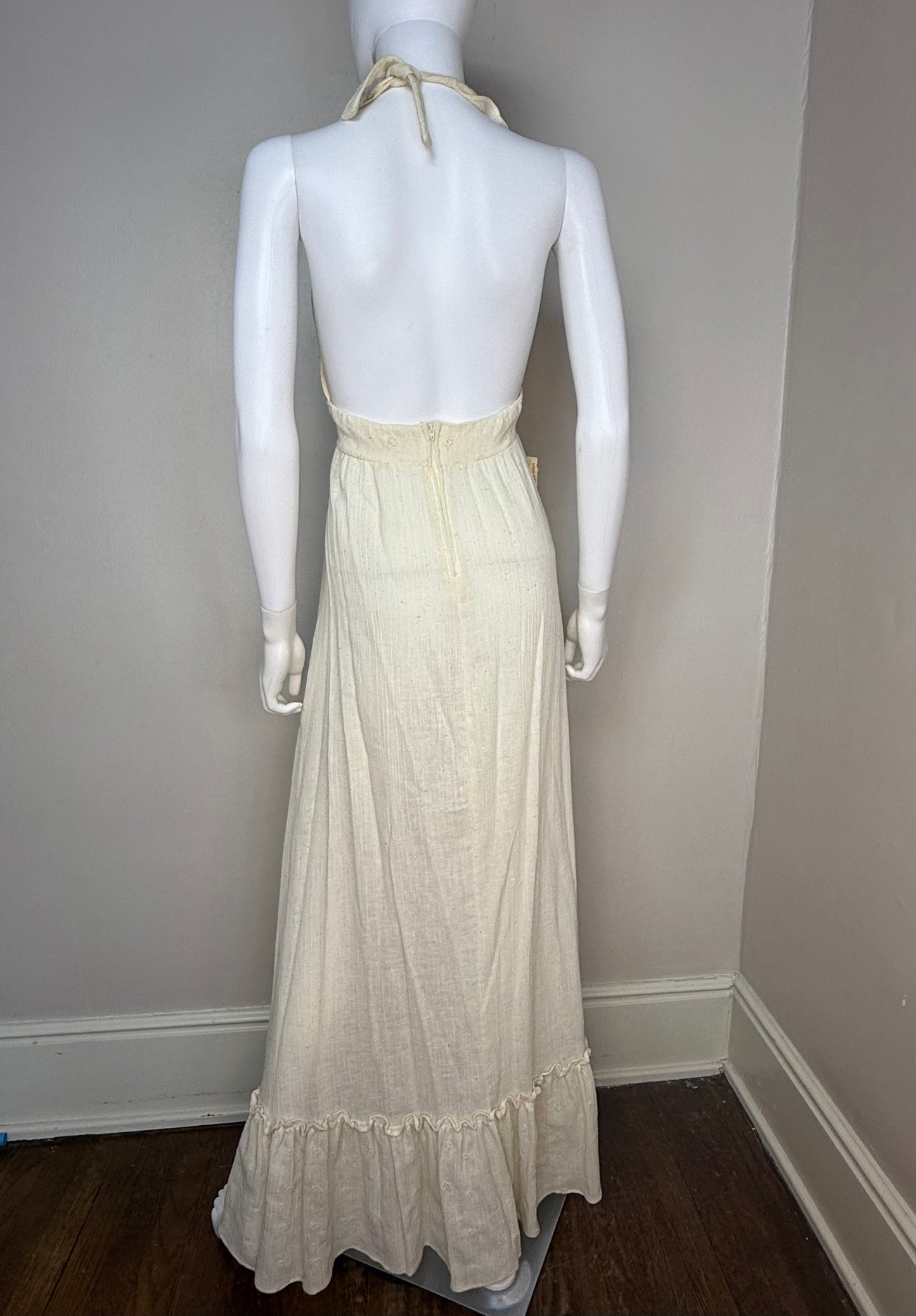 1970s Cream Gauze Halter Maxi Dress, Daffy California Size S/M, Casual Corner, New with Tag