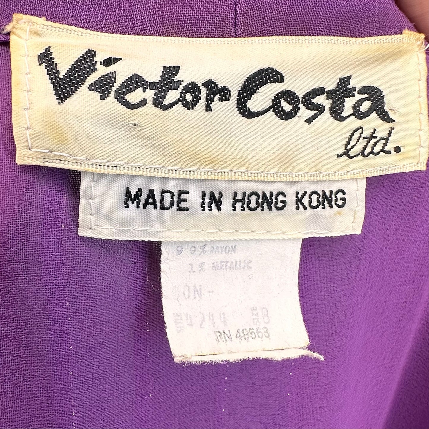 1970s Victor Costa Sheer Purple Faux Wrap Maxi Dress with Metallic Stripes, Plunging Neckline, Size XS/Small