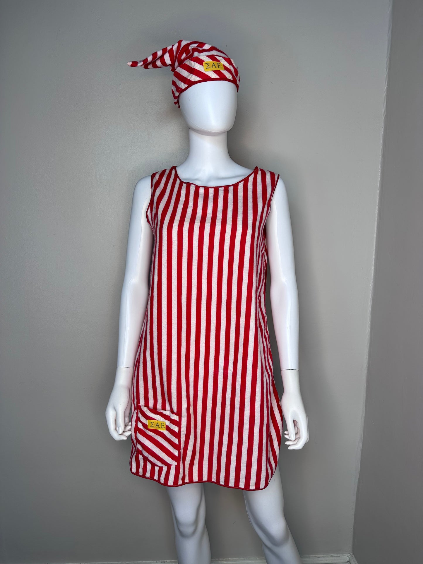 1950s/60s Sigma Alpha Epsilon Pajama Party Flannel Night Shirt and Cap, Size XS/S, Red and White Stripes