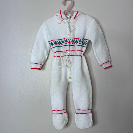1970s/80s Baby Christmas Tree Hooded Sweater Romper, Atkins Size 3-6m, Footie Onesie