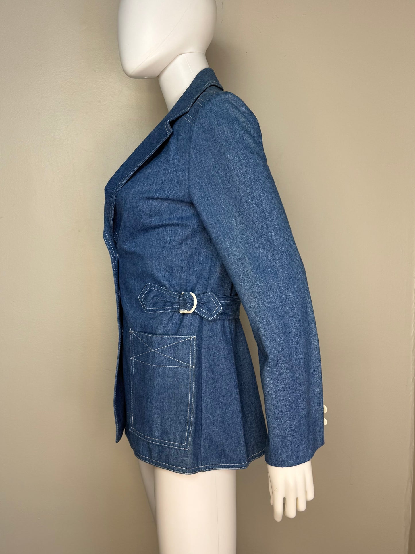 1970s Denim Blazer Jacket, Jack Winter Size Small, Side Buckles