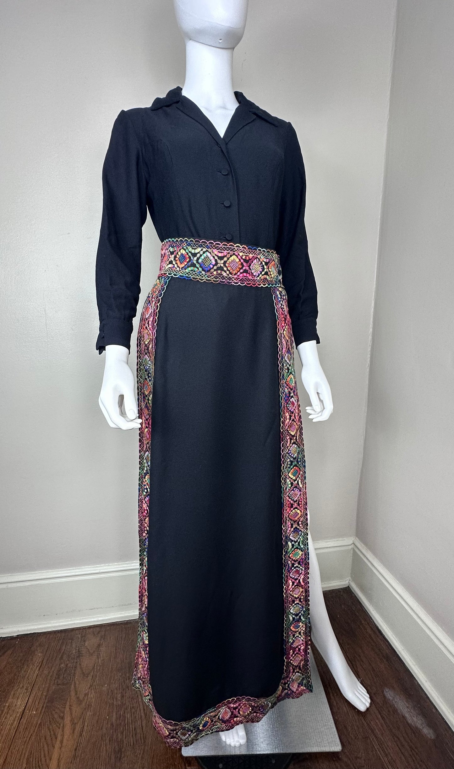 1960s/70s Black Romper with Rainbow Embroidered Skirt, Jack Bryan Designed by Dupuis Size XS-Small