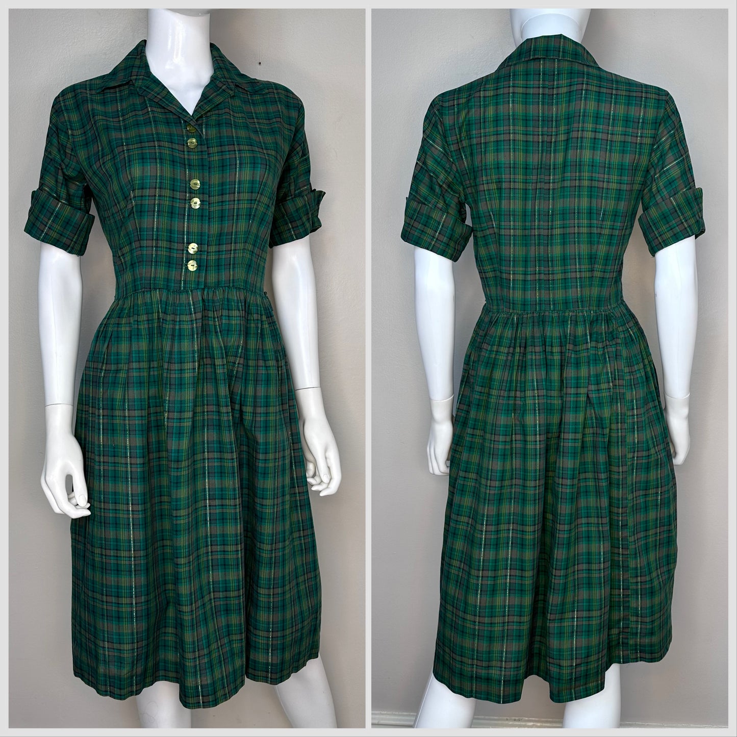 1950s/60s Green Plaid Shirt Dress, Size Small, Lurex Thread