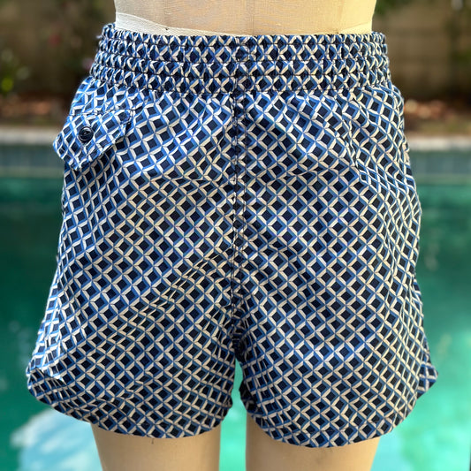 1950s Geometric Print Nylon Men’s Swimsuit, Size XS-Small, Swim Trunks Shorts