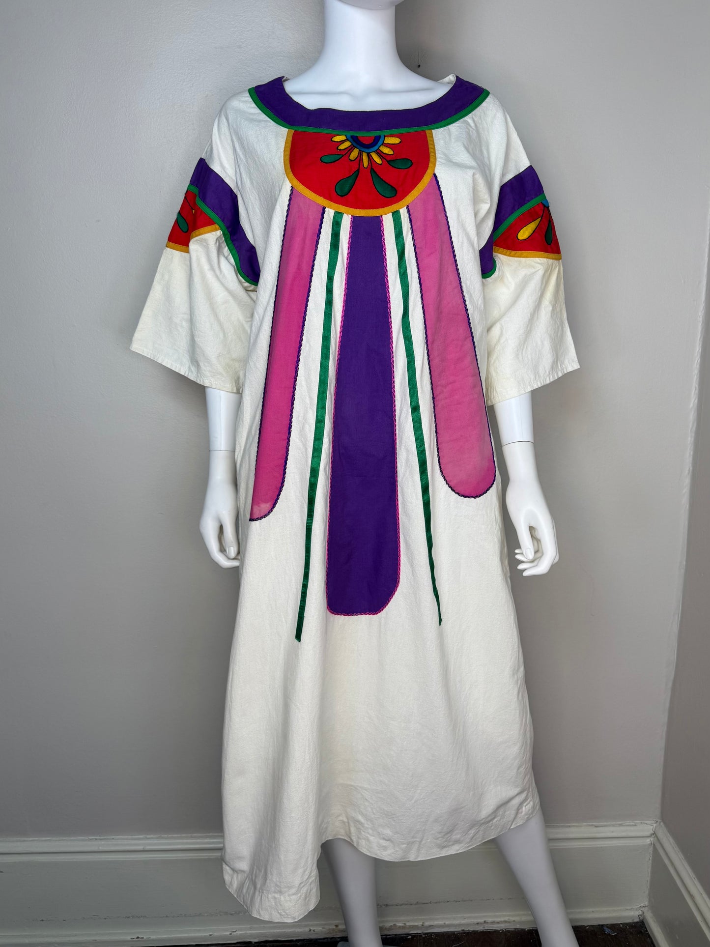 1970s Bright Embroidered and Appliquéd Midi Caftan Dress, Victor Camarena Mexico Size Medium, Wearable Art