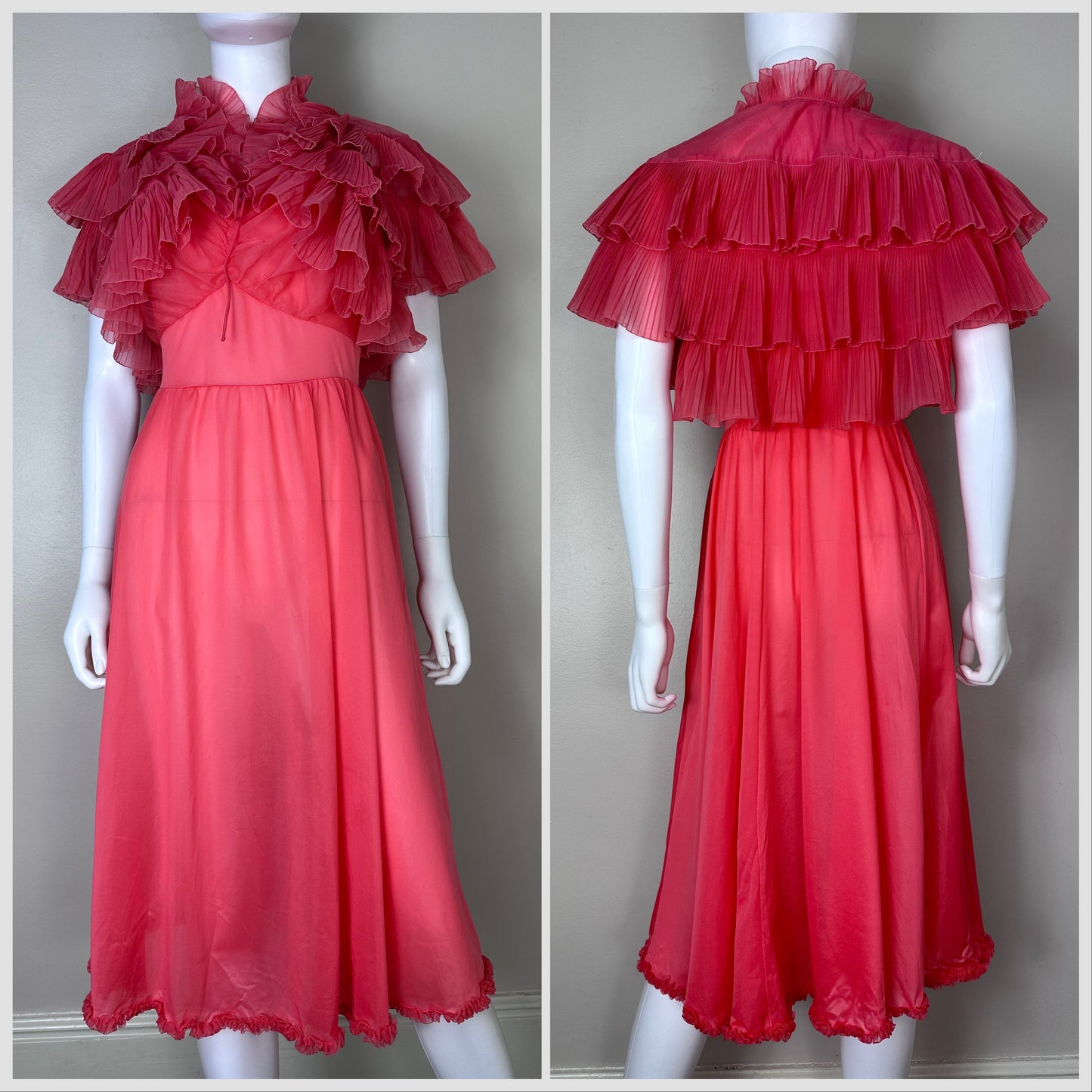 1950s/1960s Coral Nylon Pleated Ruffle Bed Jacket, The Stella Fagin Size Medium