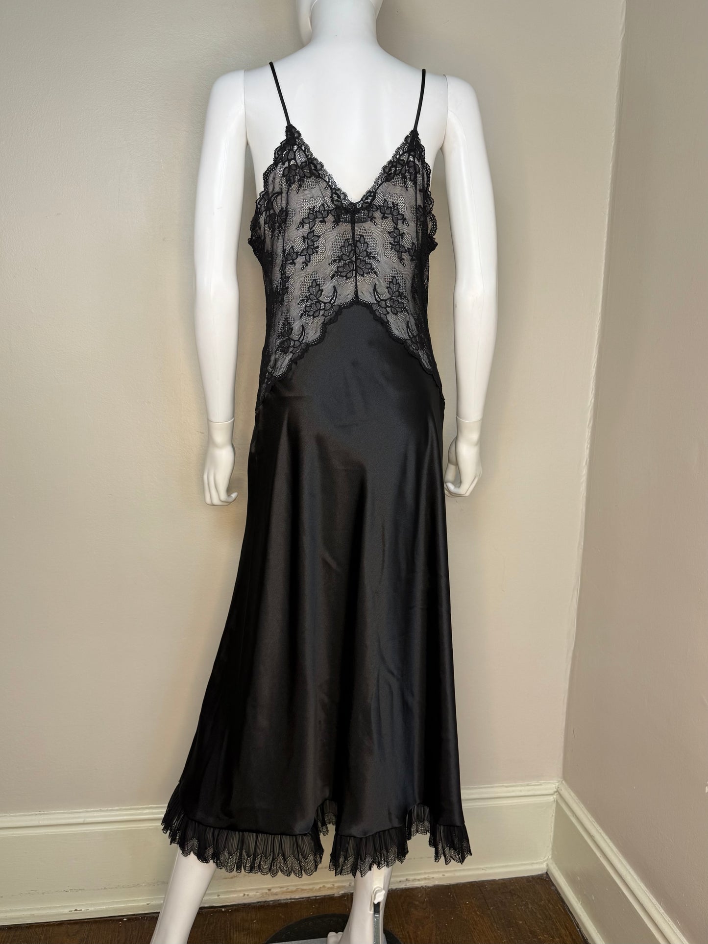 1980s Christian Dior Lingerie Peignoir Set, Nightgown and Robe, Black Satin and Lace, Size Medium