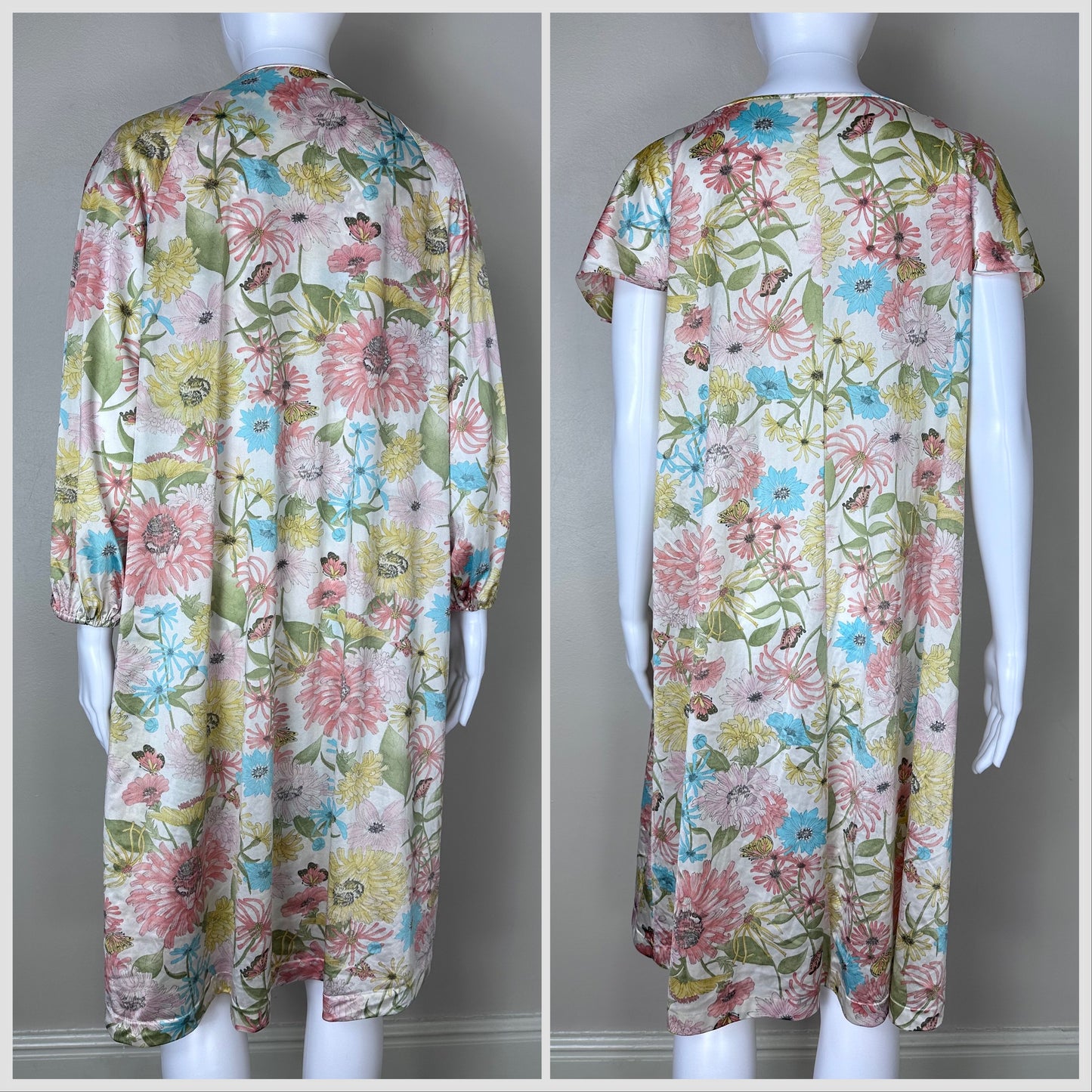 1970s Floral and Butterflies Peignoir Set, Vanity Fair Size Large, Nightgown, Robe, Lingerie