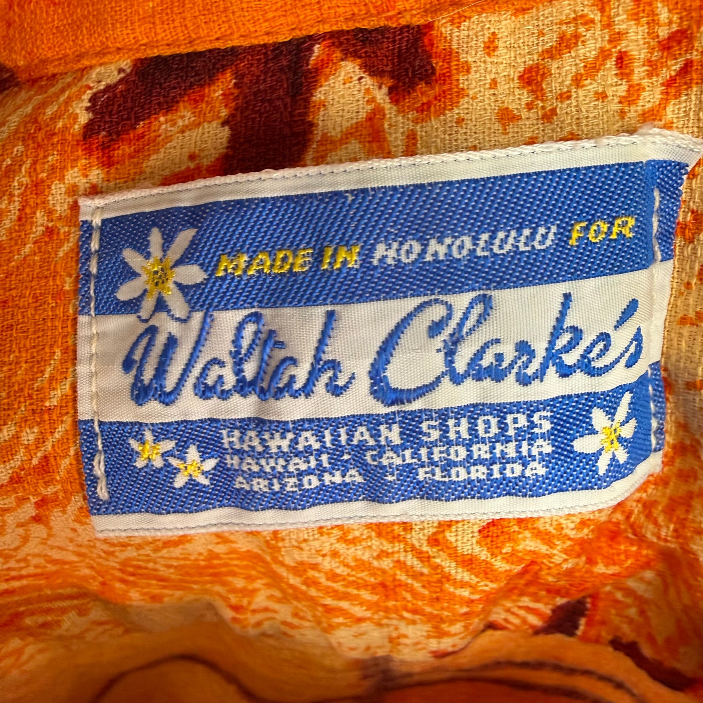 1960s Hawaiian Shirt, Orange Tiki Print Cotton Barkcloth, Waltah Clarke’s Size S/M