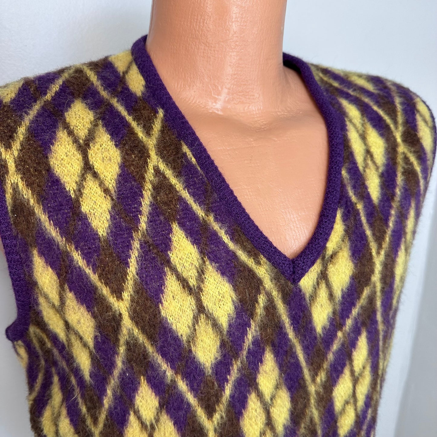 1970s Purple and Yellow Argyle Mohair Sweater Vest, Catalina Martin Size Medium