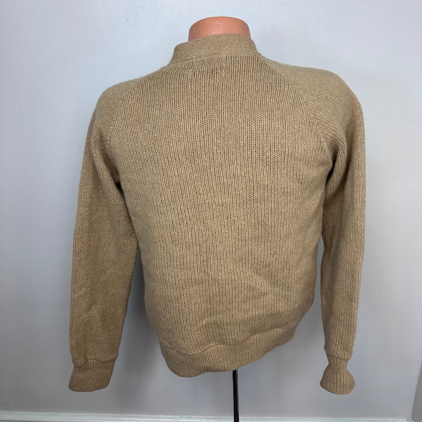 1960s Men’s Tan Wool and Brown Suede Cardigan Sweater, Gloray Knitting Mills Size Medium