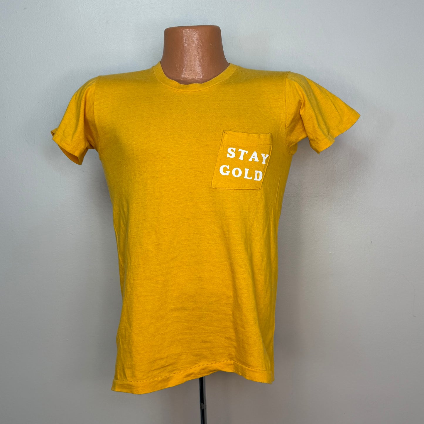 1970s Stay Gold Mustard Yellow T-Shirt, Size Small, Pocket Tee