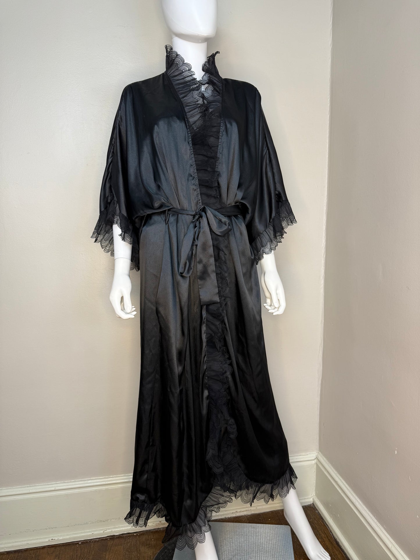1980s Christian Dior Lingerie Peignoir Set, Nightgown and Robe, Black Satin and Lace, Size Medium