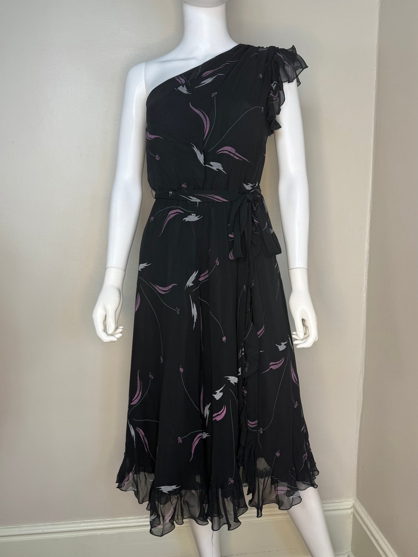 1970s/80s Sheer Black Abstract Floral Asymmetrical One Shoulder Dress, Inner Circle Inc Size Small
