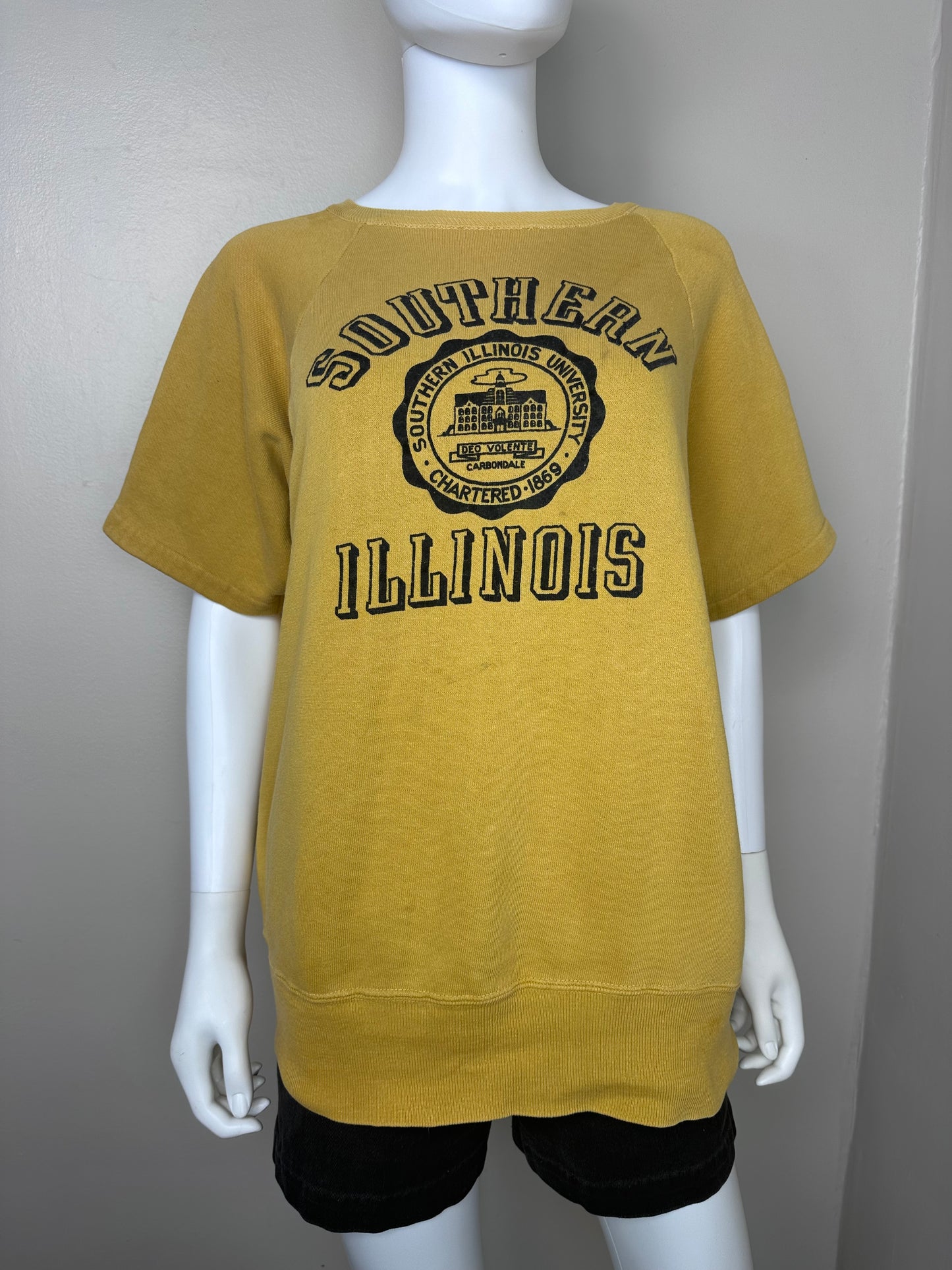 1950s Southern Illinois University Short Sleeve Sweatshirt, Mustard Yellow with Flocked Print