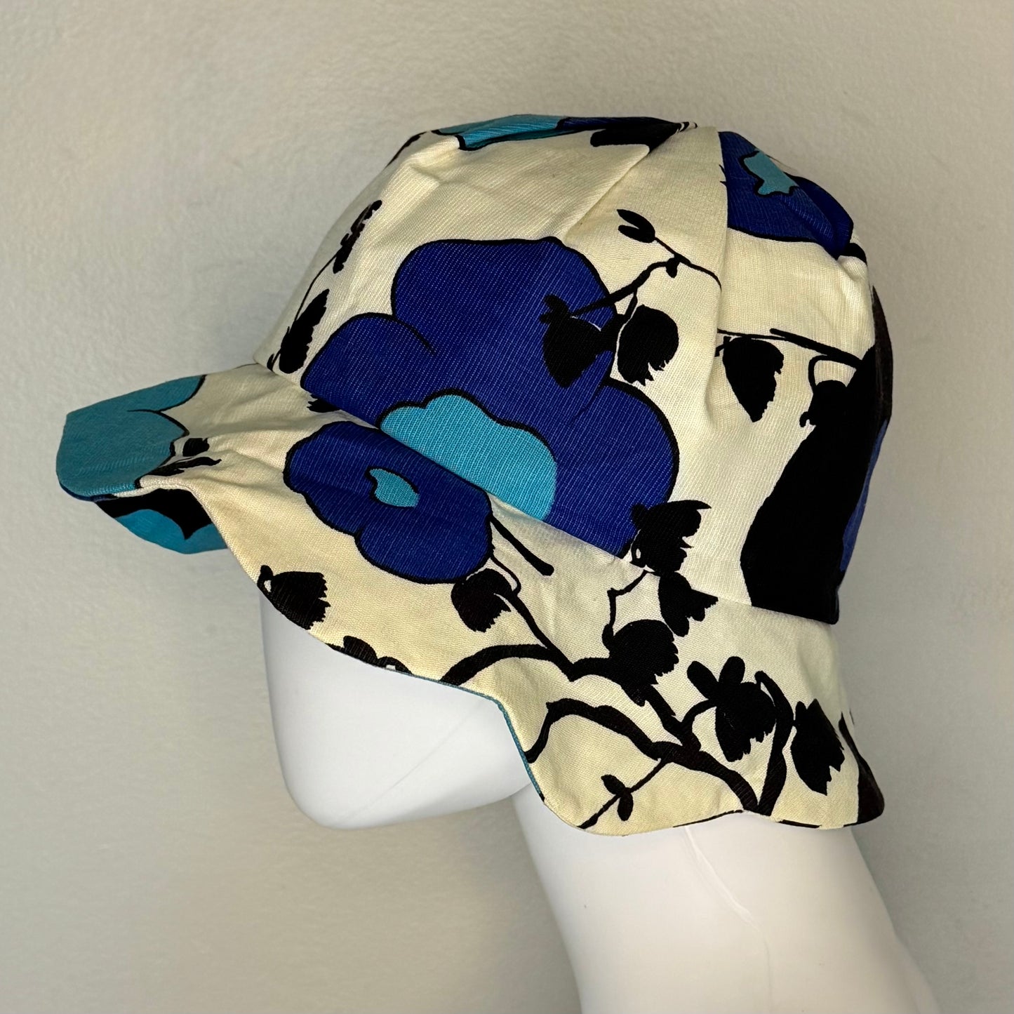 1960s Blue Floral Print Sun Hat with Scalloped Brim