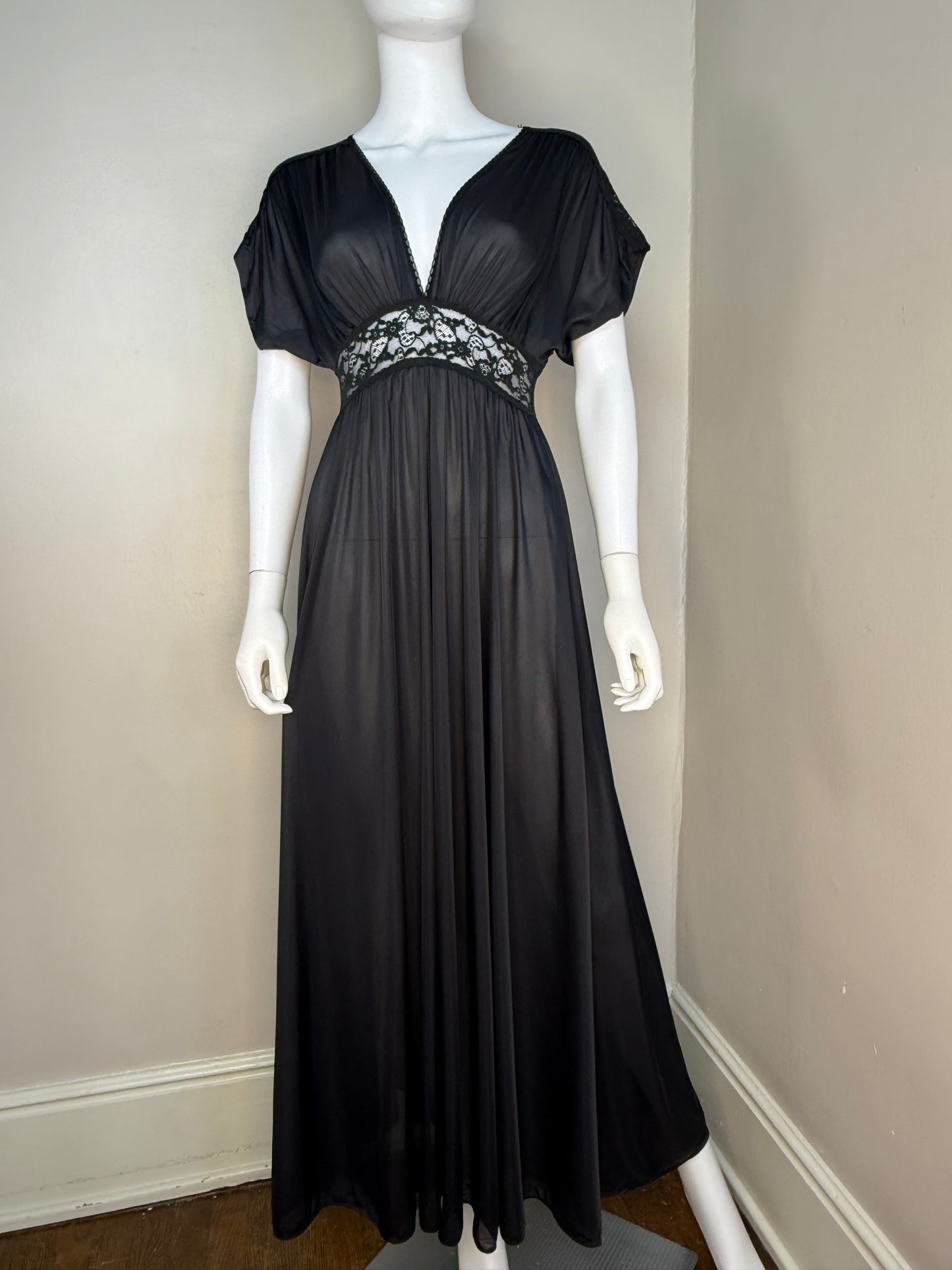 1970s Black Olga Secret Hug Nightgown, Size XS/Small, Lace Cut Outs, Full Length, Lingerie