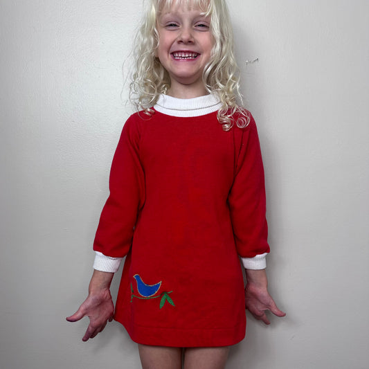 1970s/80s Red Knit Turtleneck Dress with Blue Bird Appliqué, Health-tex Size 4T