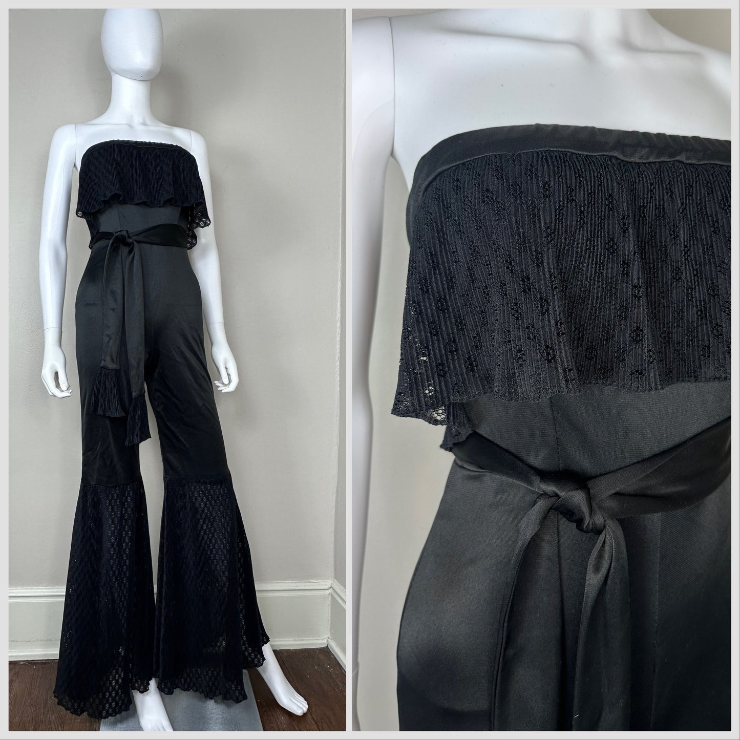 1970s Black Strapless Bell Bottom Jumpsuit, Funky Size XS
