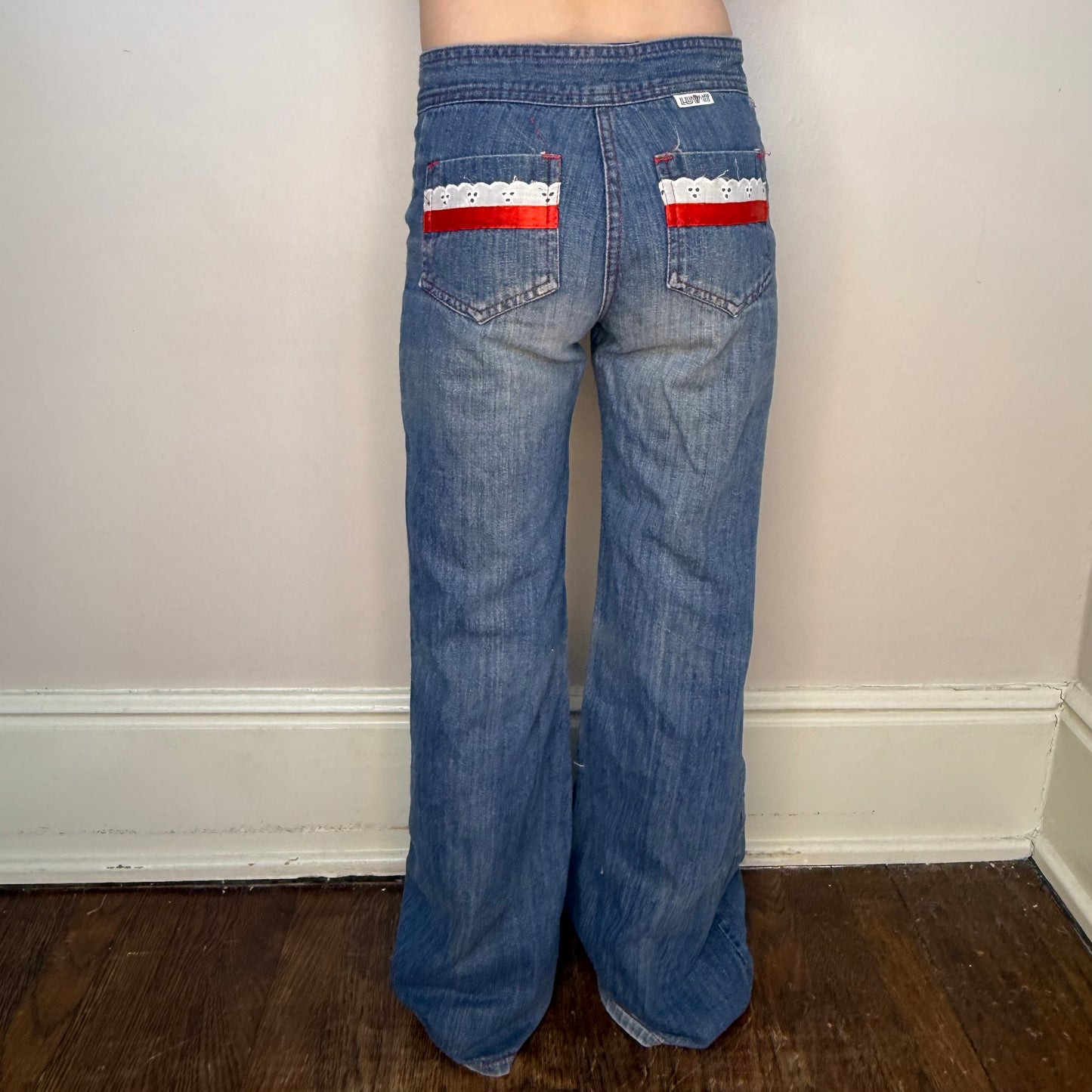 1970s Kids Bellbottom Blue Jeans with Ribbon and Lace Pockets, Luv It Size 8 Slim