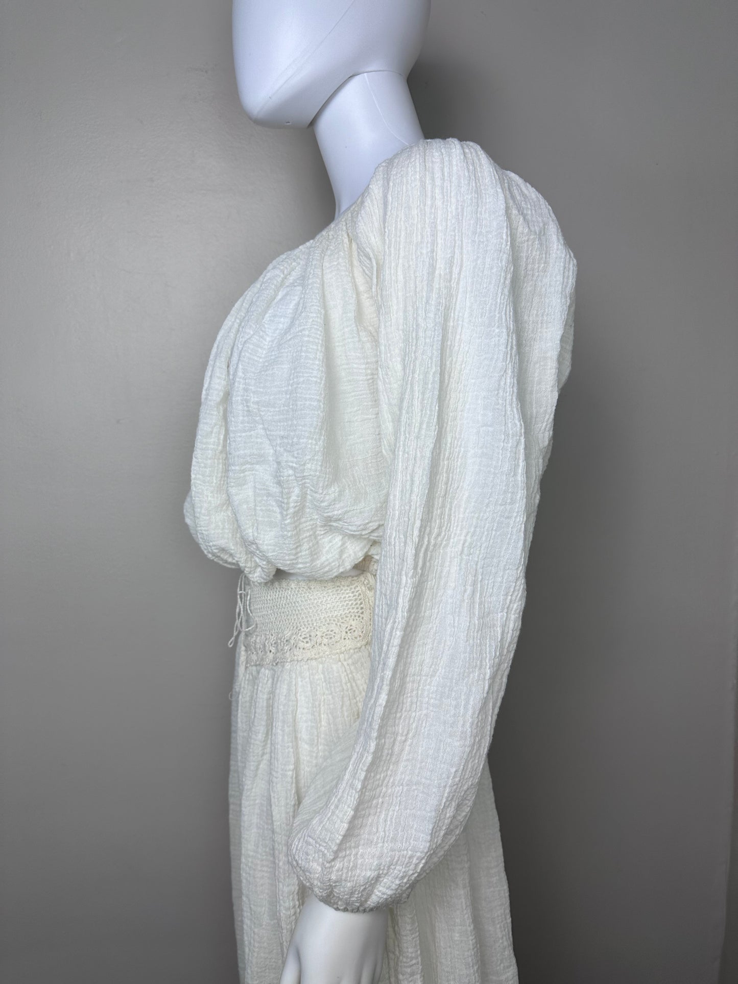 1970s/80s Cream Gauze Crop Top and Balloon Pants Set, Crochet, Size Small-Medium
