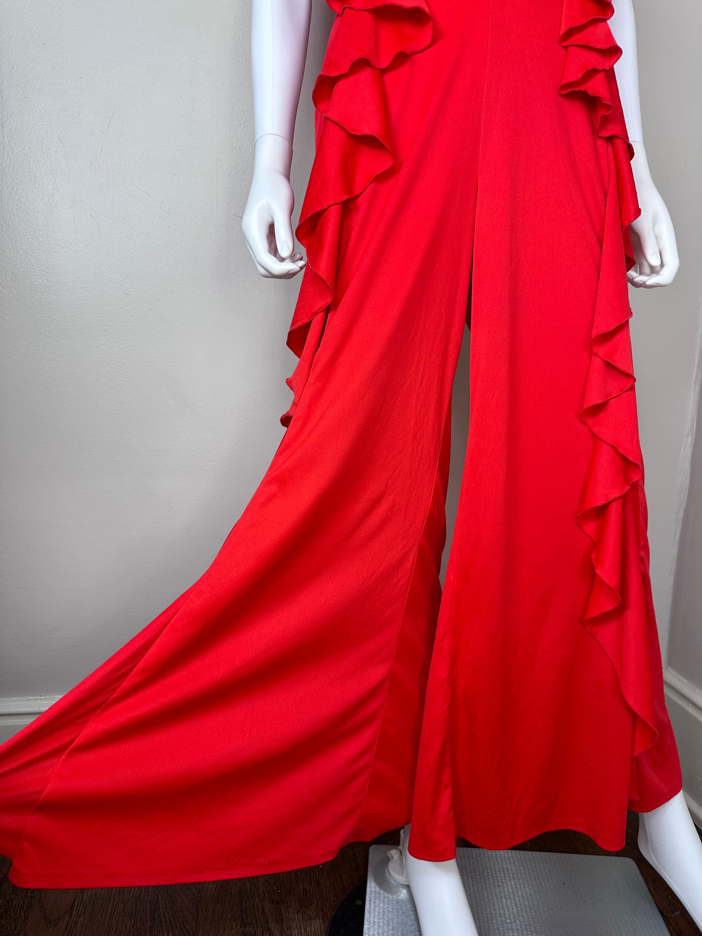 1970s Red Bellbottom Jumpsuit with Ruffles, Jack Hartley Size Small-Medium