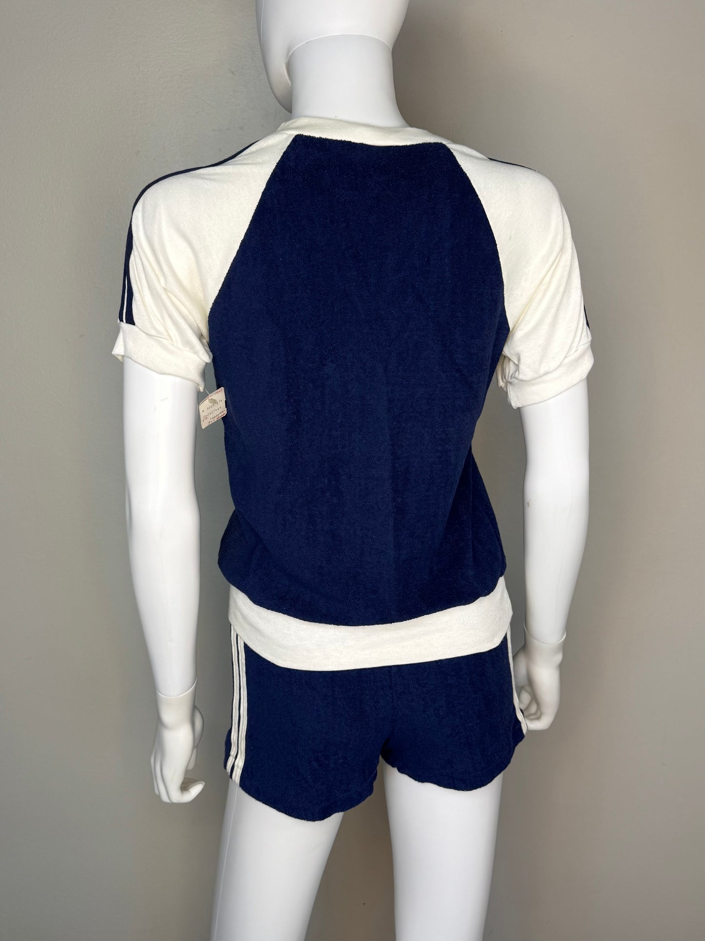 1970s Navy Blue Terrycloth Top and Shorts Set, Size XS/Small