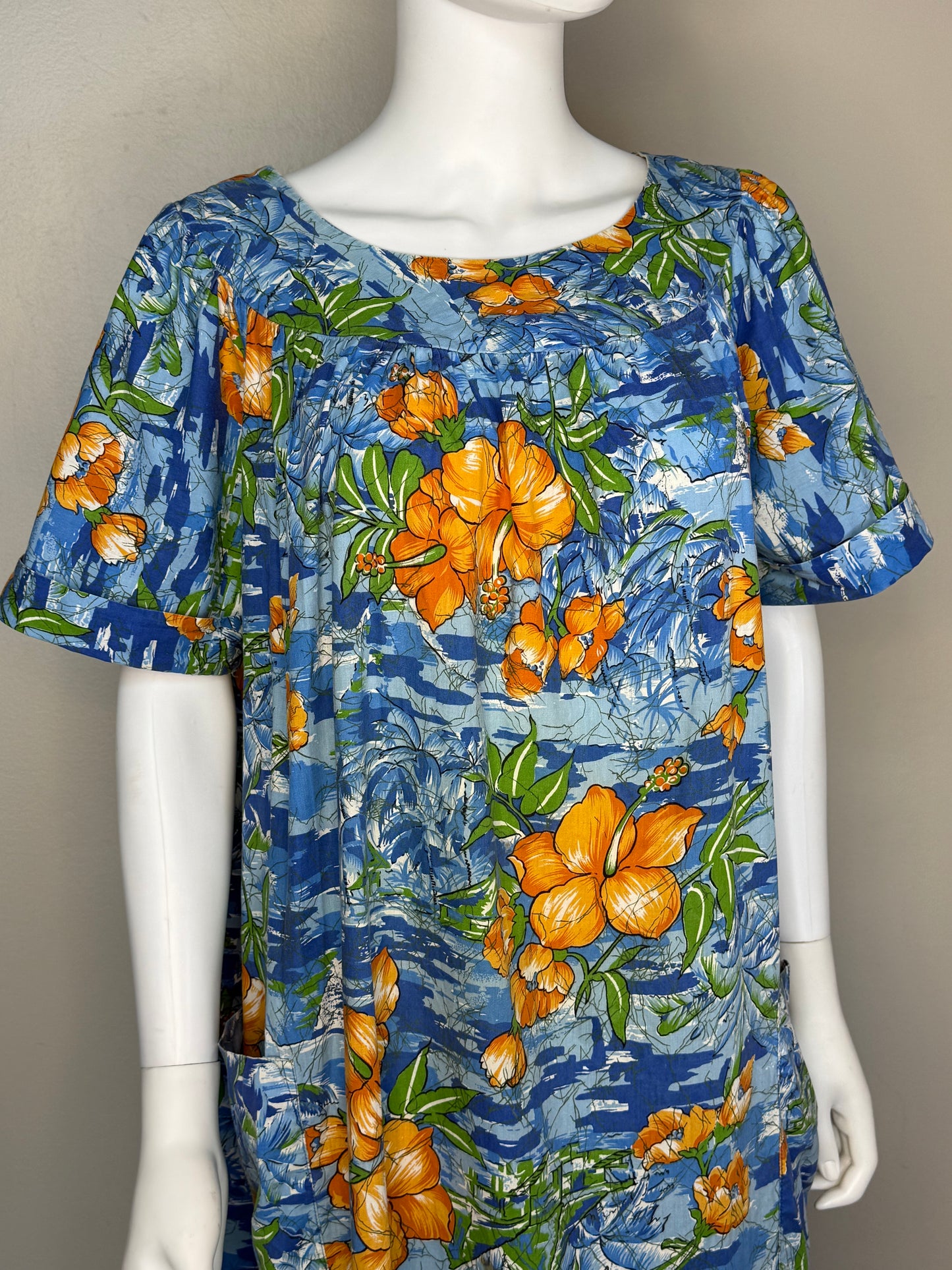1970s Hawaiian Novelty Print Floral Maxi Dress, Sears Hawaiian Loungers Size Large, Cotton Kaftan Muumuu