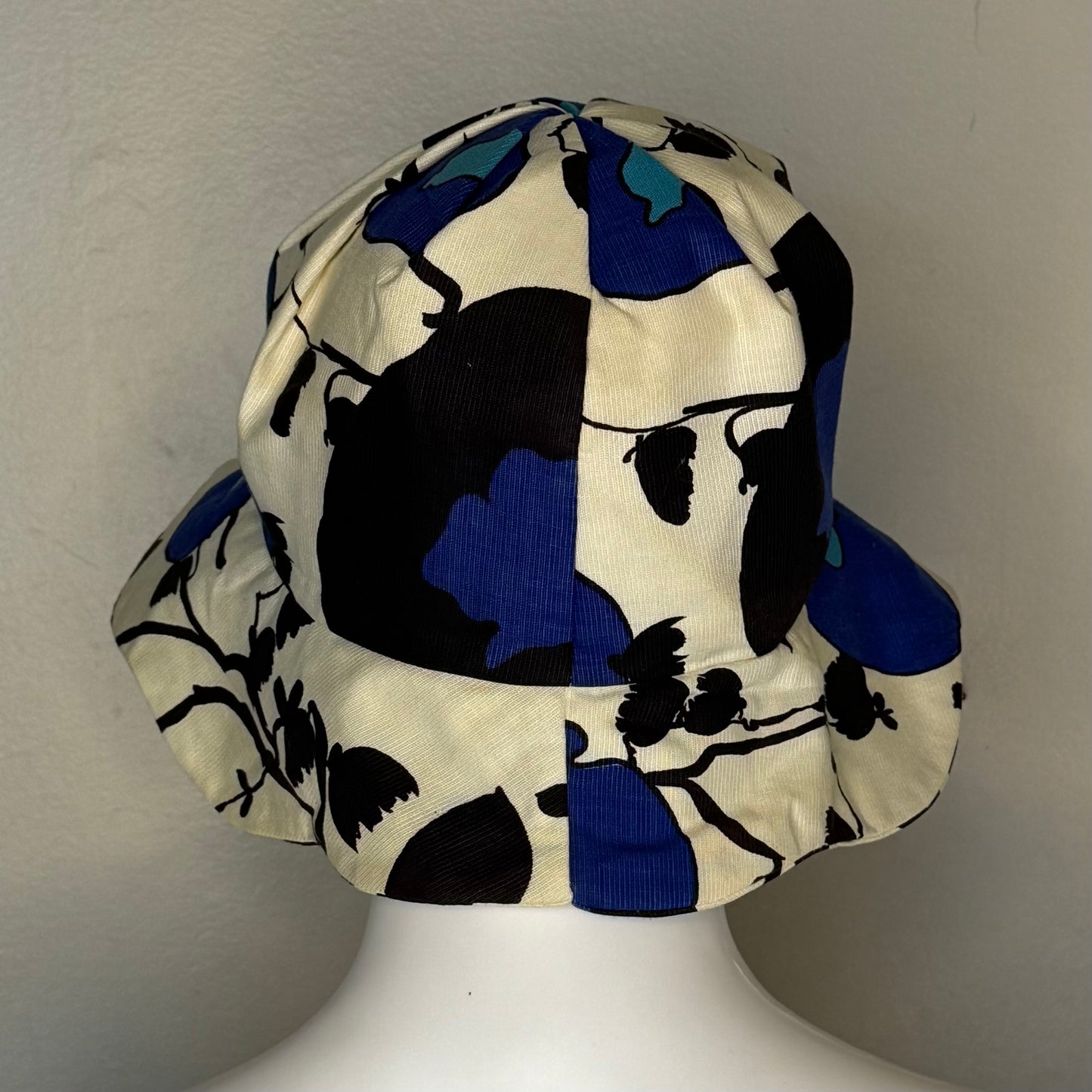 1960s Blue Floral Print Sun Hat with Scalloped Brim