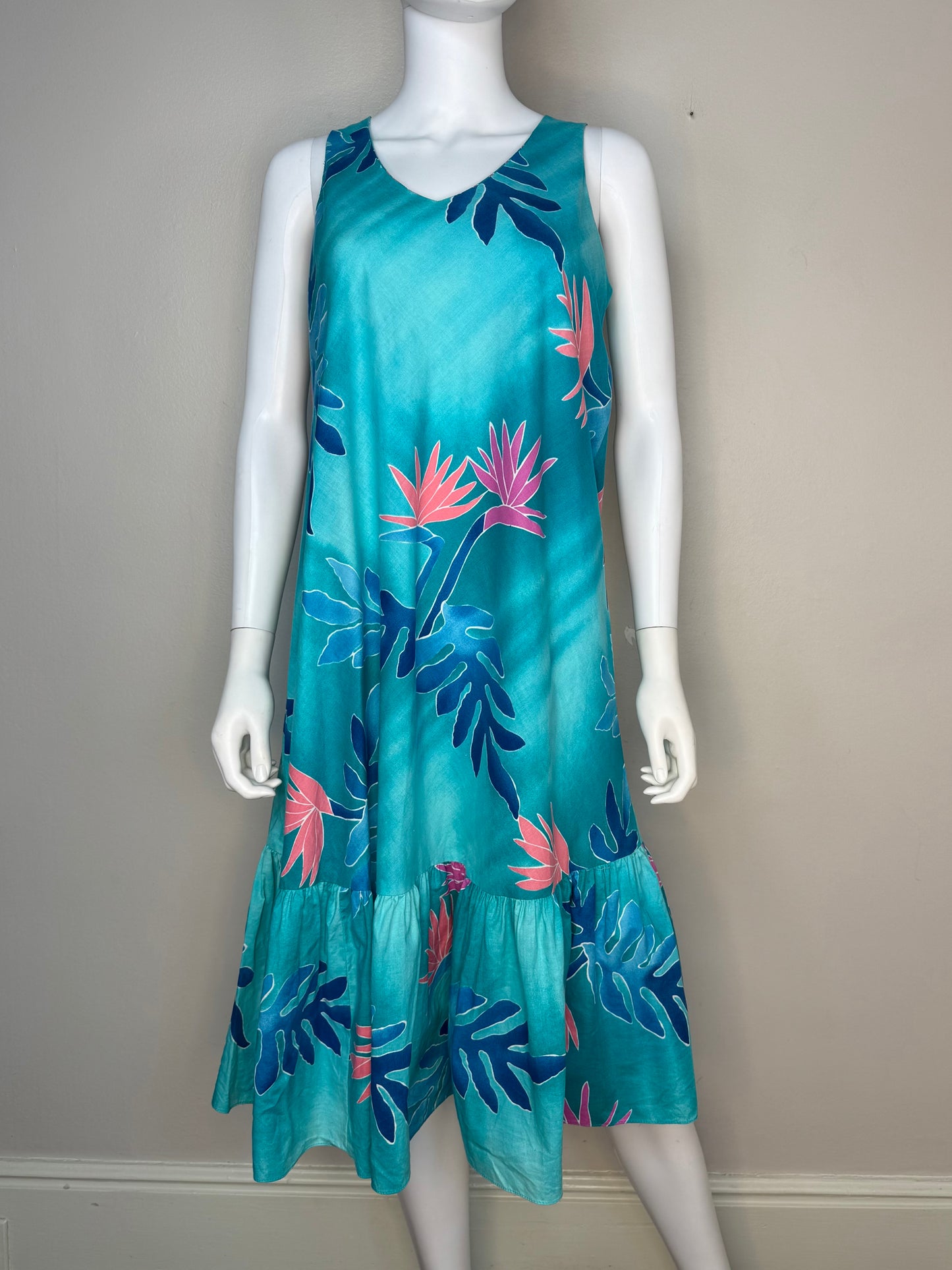 1990s Hawaiian Teal Floral Midi Tent Dress, Hilo Hattie Hawaii Size Medium, Sleeveless Sundress