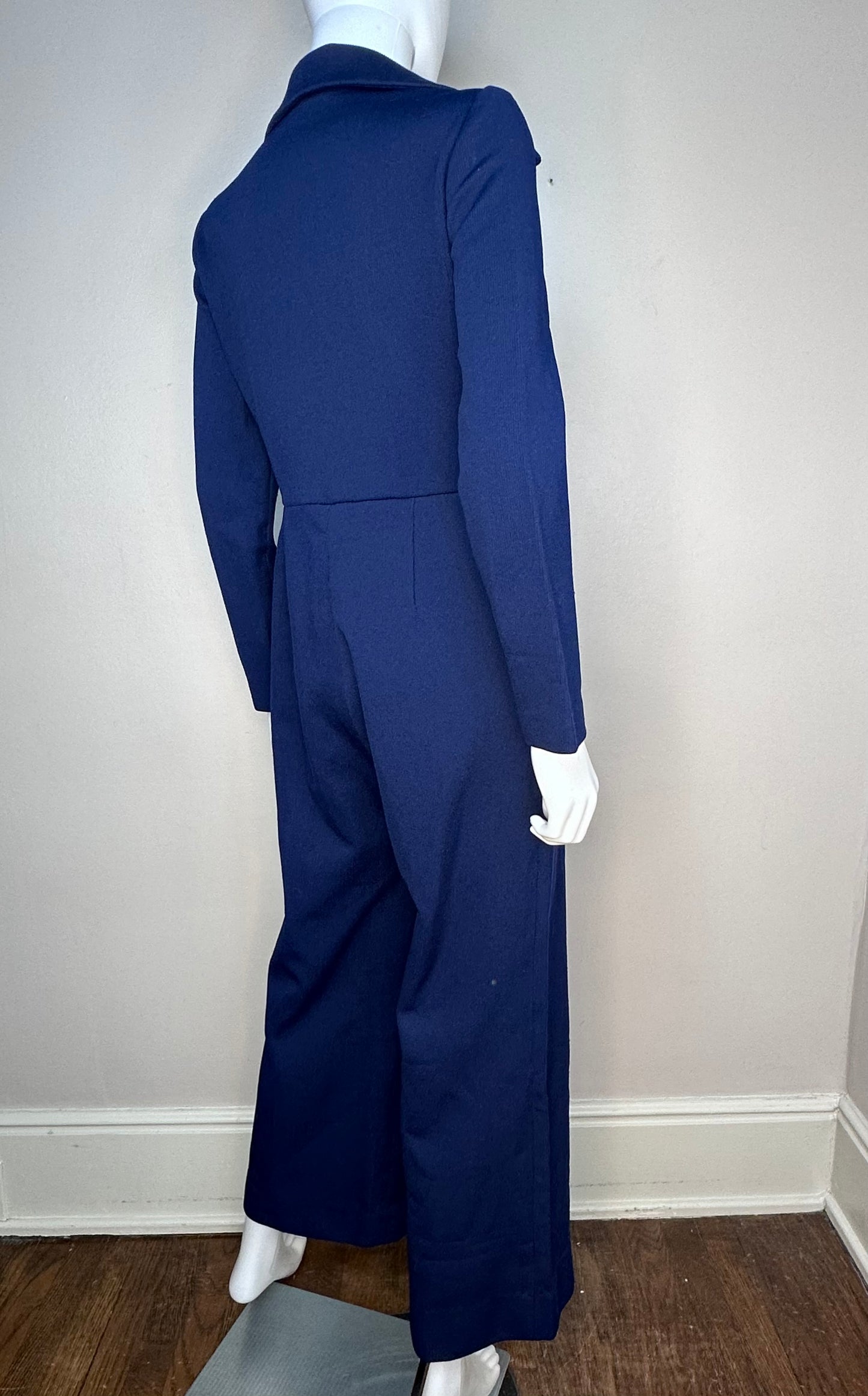 1970s Navy Blue Polyester Zip Up Jumpsuit, Size M/L, Wide Leg