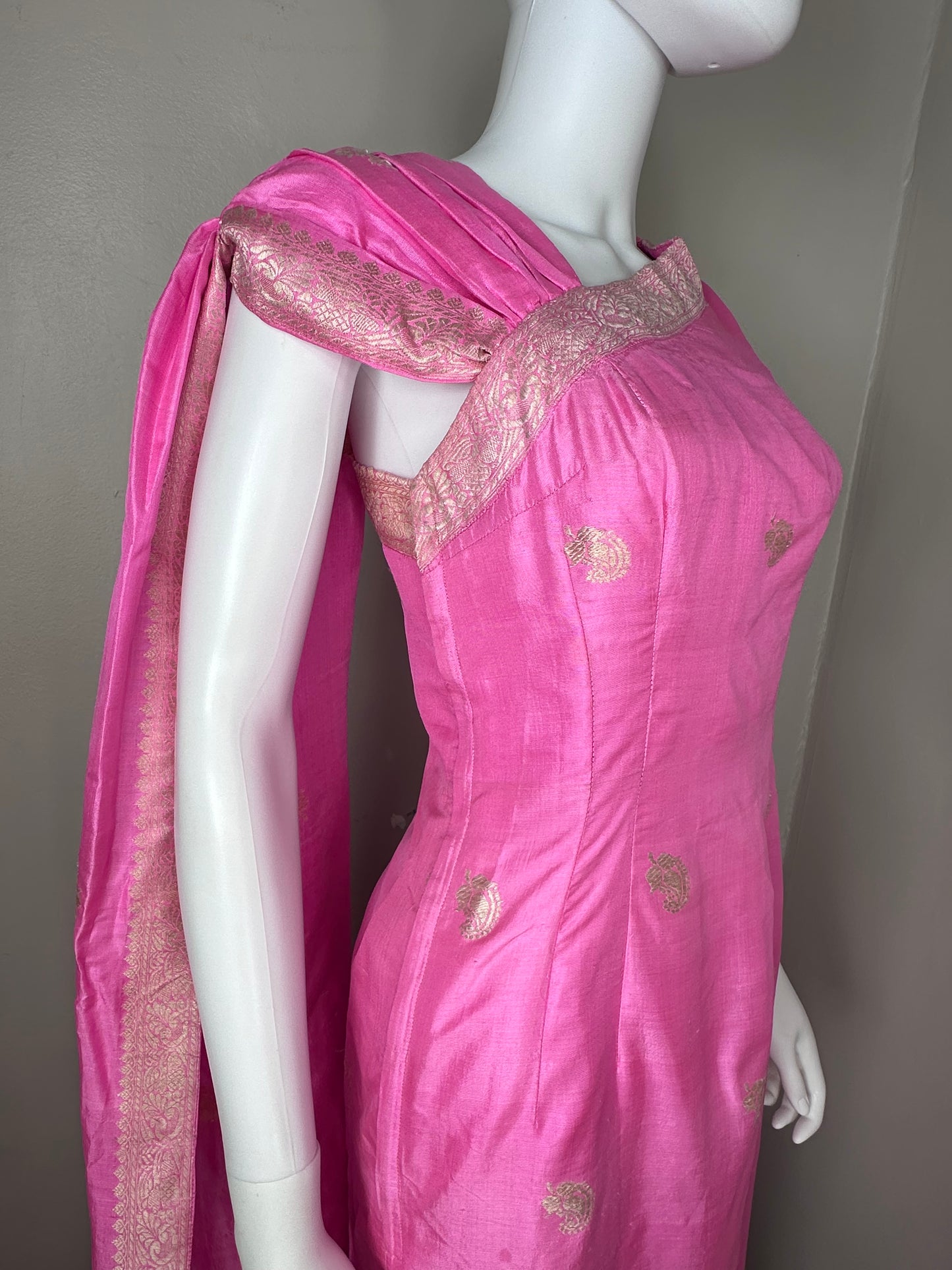 1960s Pink Indian Sari Inspired Evening Gown Maxi Dress, Size X-Small