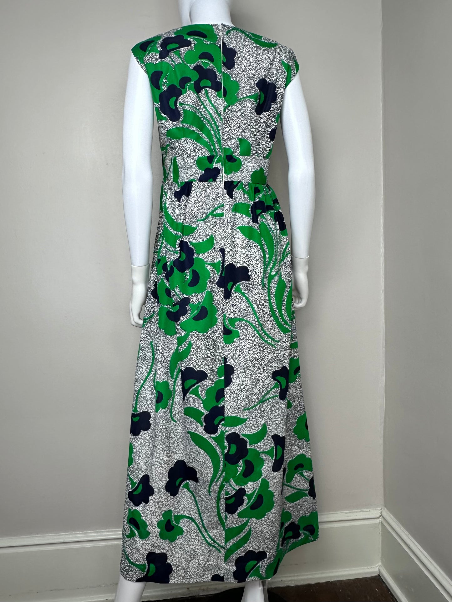 1970s Green and Blue Floral Maxi Dress, Handmade Size Large