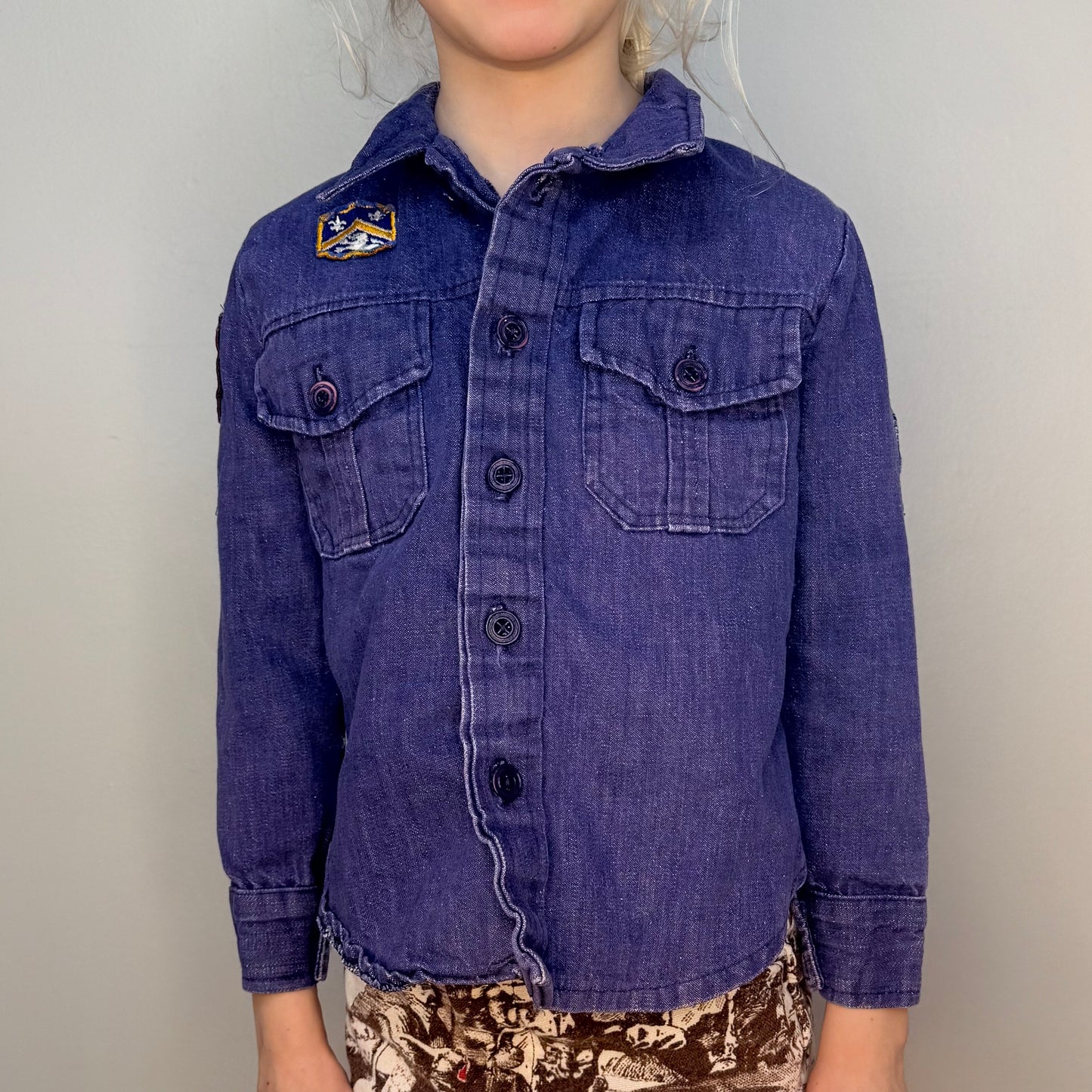 1970s Kids Denim Shirt with Vintage Patches, Size 5, Snoopy, Fenwick, Flowers