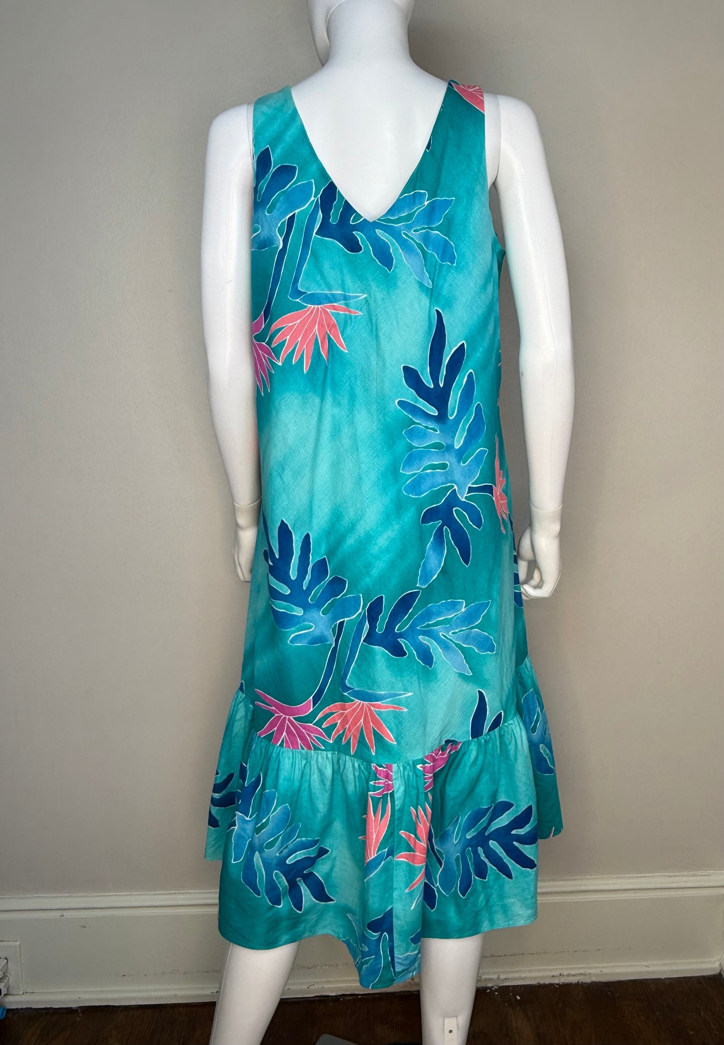 1990s Hawaiian Teal Floral Midi Tent Dress, Hilo Hattie Hawaii Size Medium, Sleeveless Sundress