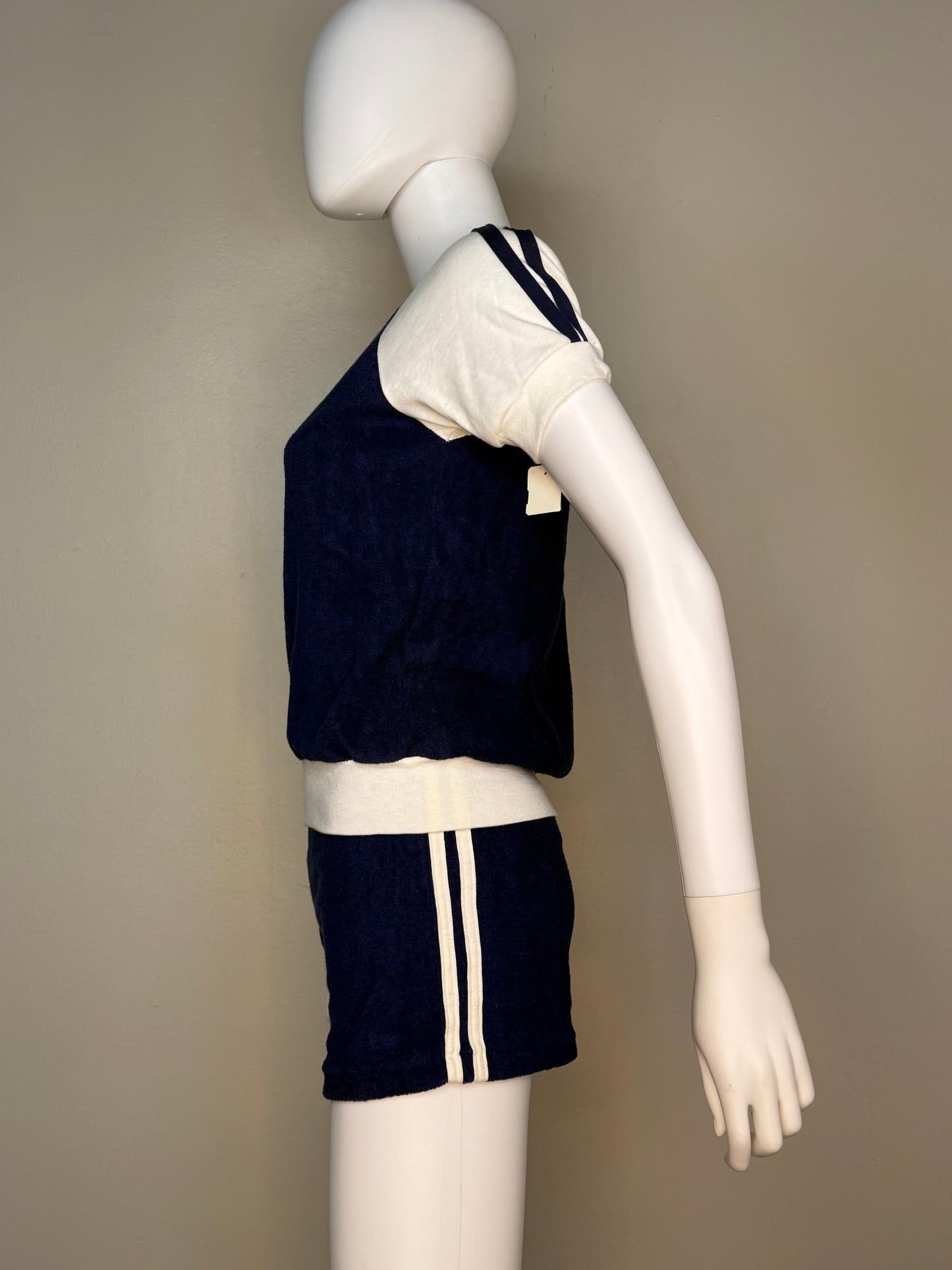 1970s Navy Blue Terrycloth Top and Shorts Set, Size XS/Small