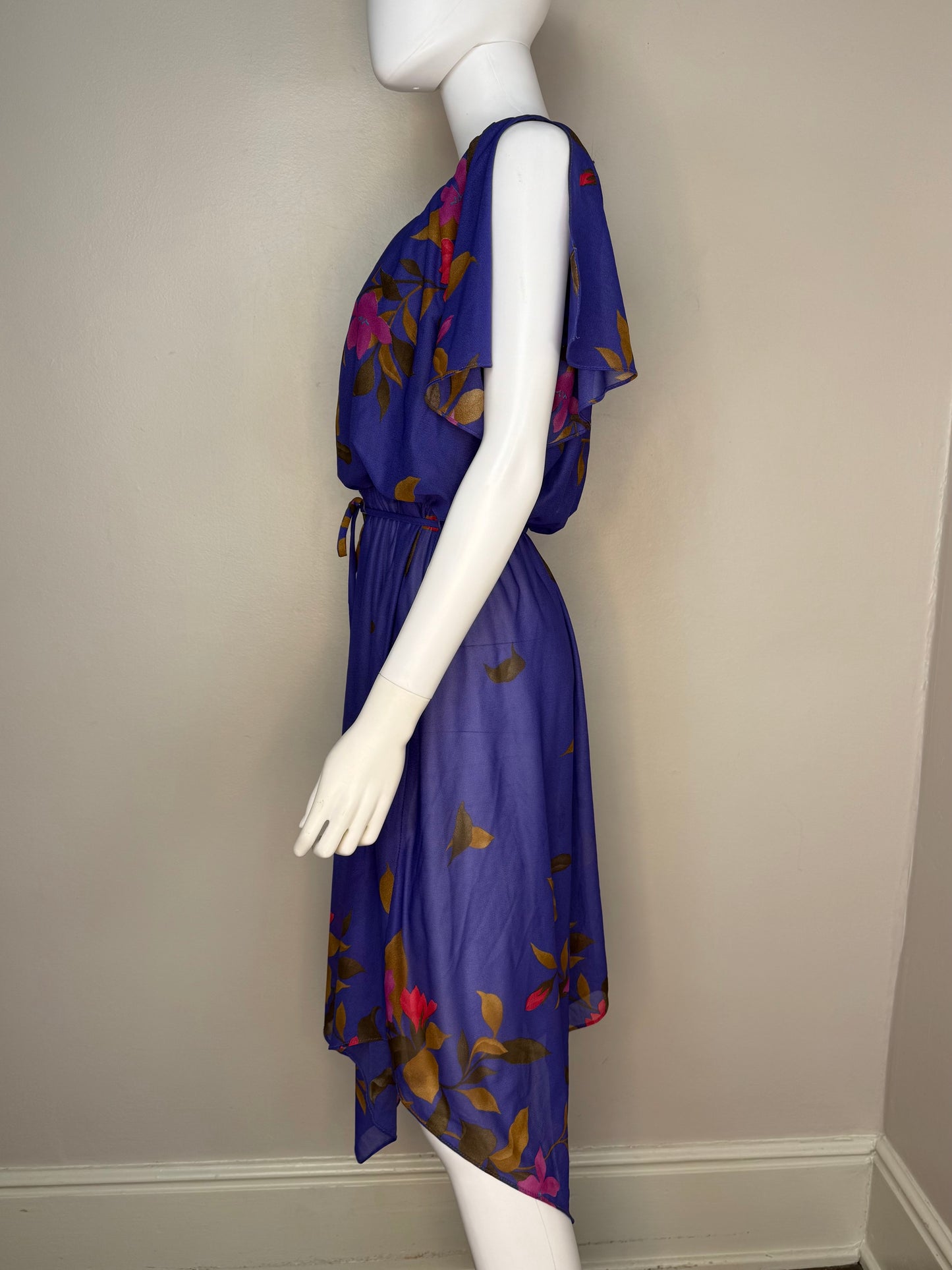1980s Sheer Purple Floral Dress, Handkerchief Hem, Tabby of California Size S/M