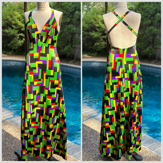 1970s Geometric Print Swim Dress, Elizabeth Stewart Size XS