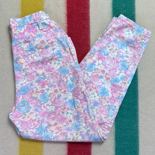 1980s Pastel Pink Floral Jeans, Hunt Club Size 2/4, 25.5"x29.5"