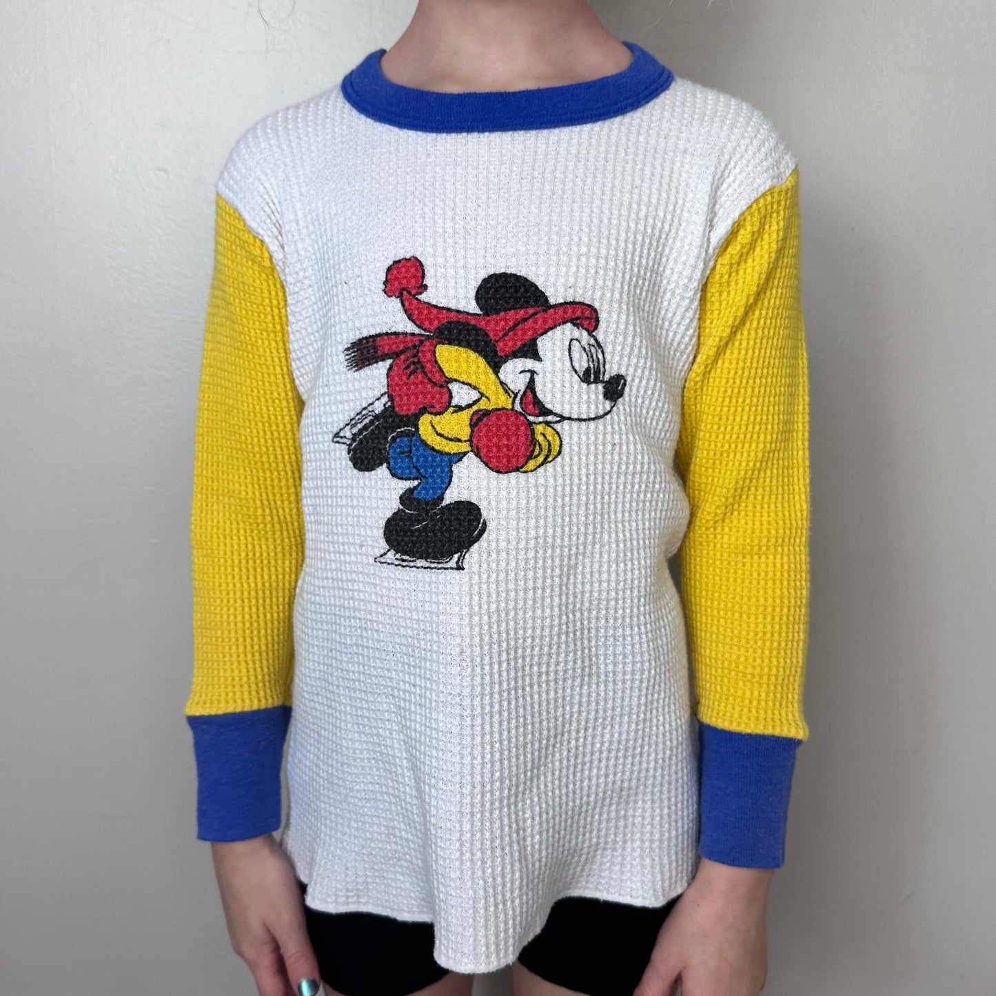 1980s Mickey Mouse Ice Skating Long Sleeve Thermal T-Shirt, Hanes ShowToons, Kids Size 5