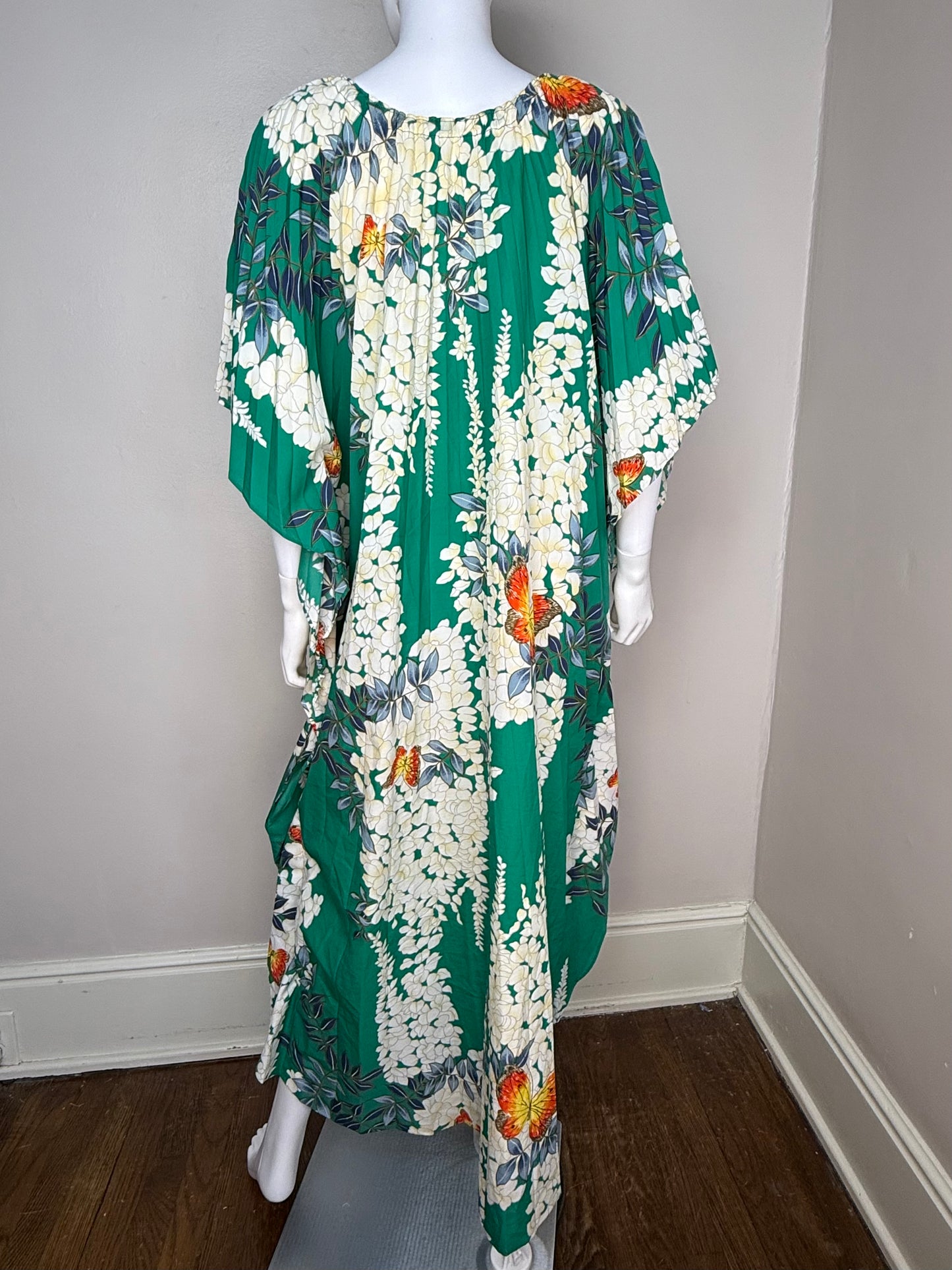 1970s Hawaiian Floral and Butterfly Caftan, Accordion Pleat, Open Sizing