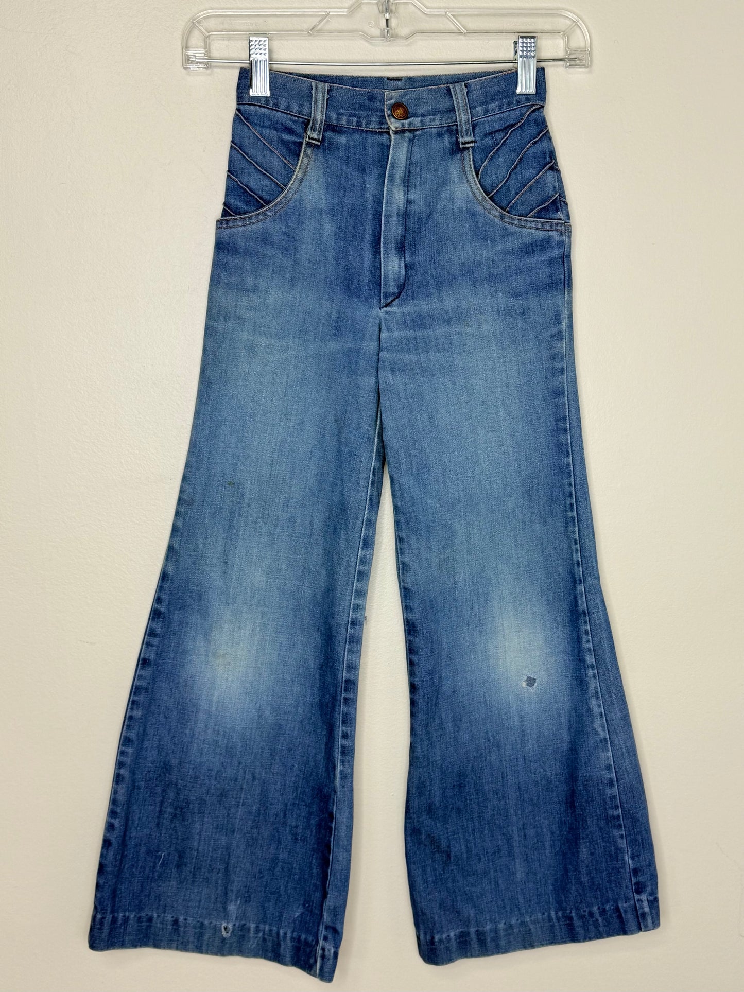 1970s Kids Bellbottom Blue Jeans with Pintucks, Sears Roebuck and Co Size 8 Slim