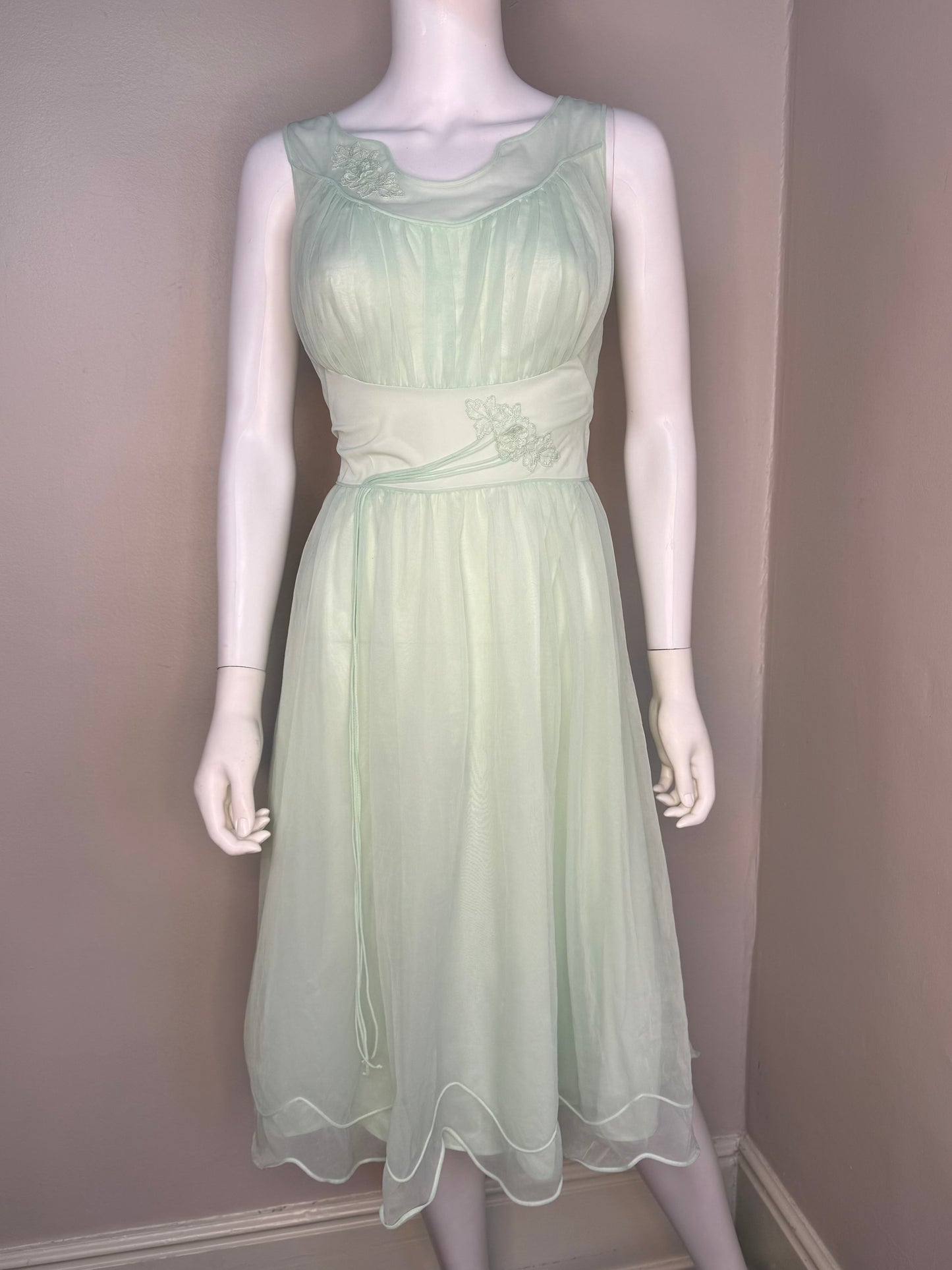 1950s Sheer Pastel Green Nightgown with Floral Appliqués, Shadowline Size XS-Small, Mint, Nylon
