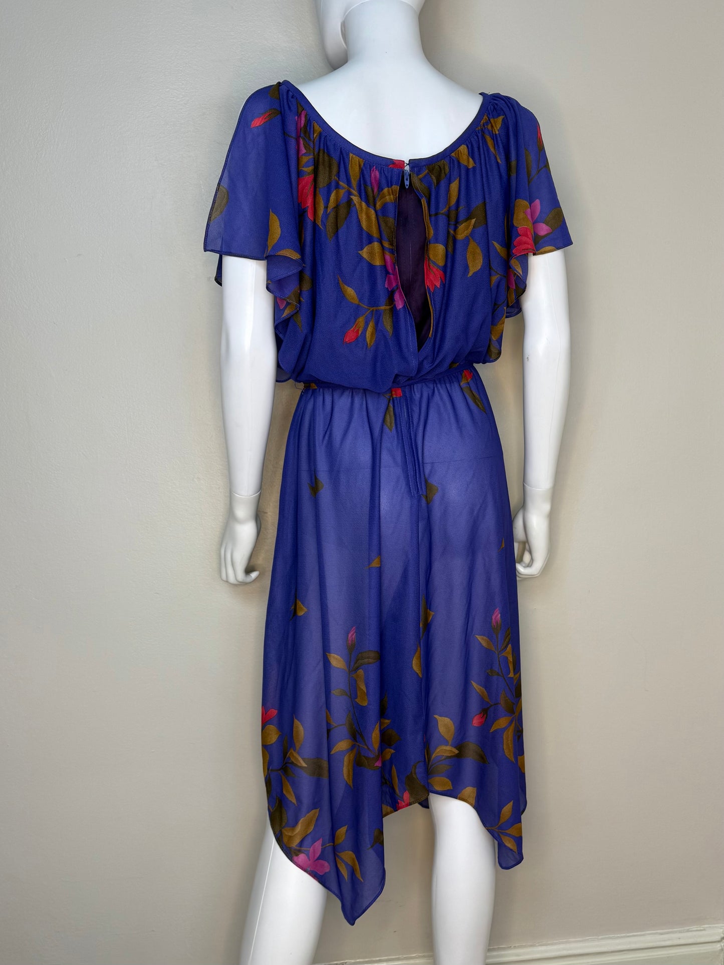 1980s Sheer Purple Floral Dress, Handkerchief Hem, Tabby of California Size S/M